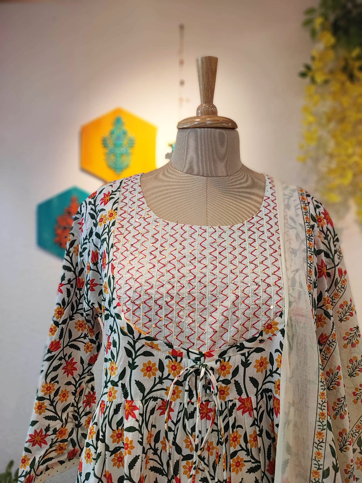 Off White Floral Print Pure Cotton Flared Suit with Plazzo and Dupatta