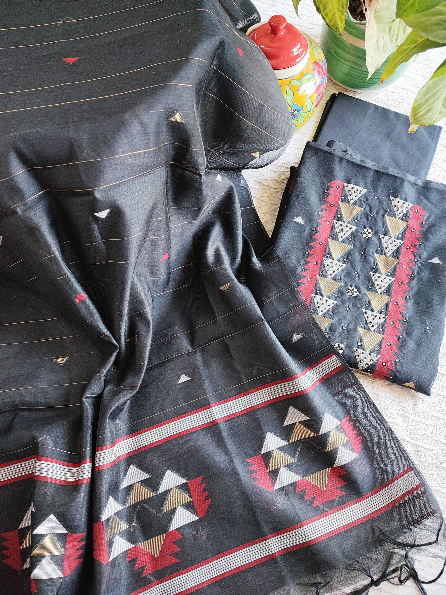Steel Gray Chanderi Silk Resham Jamdani Suit Set with Geometric Weaving