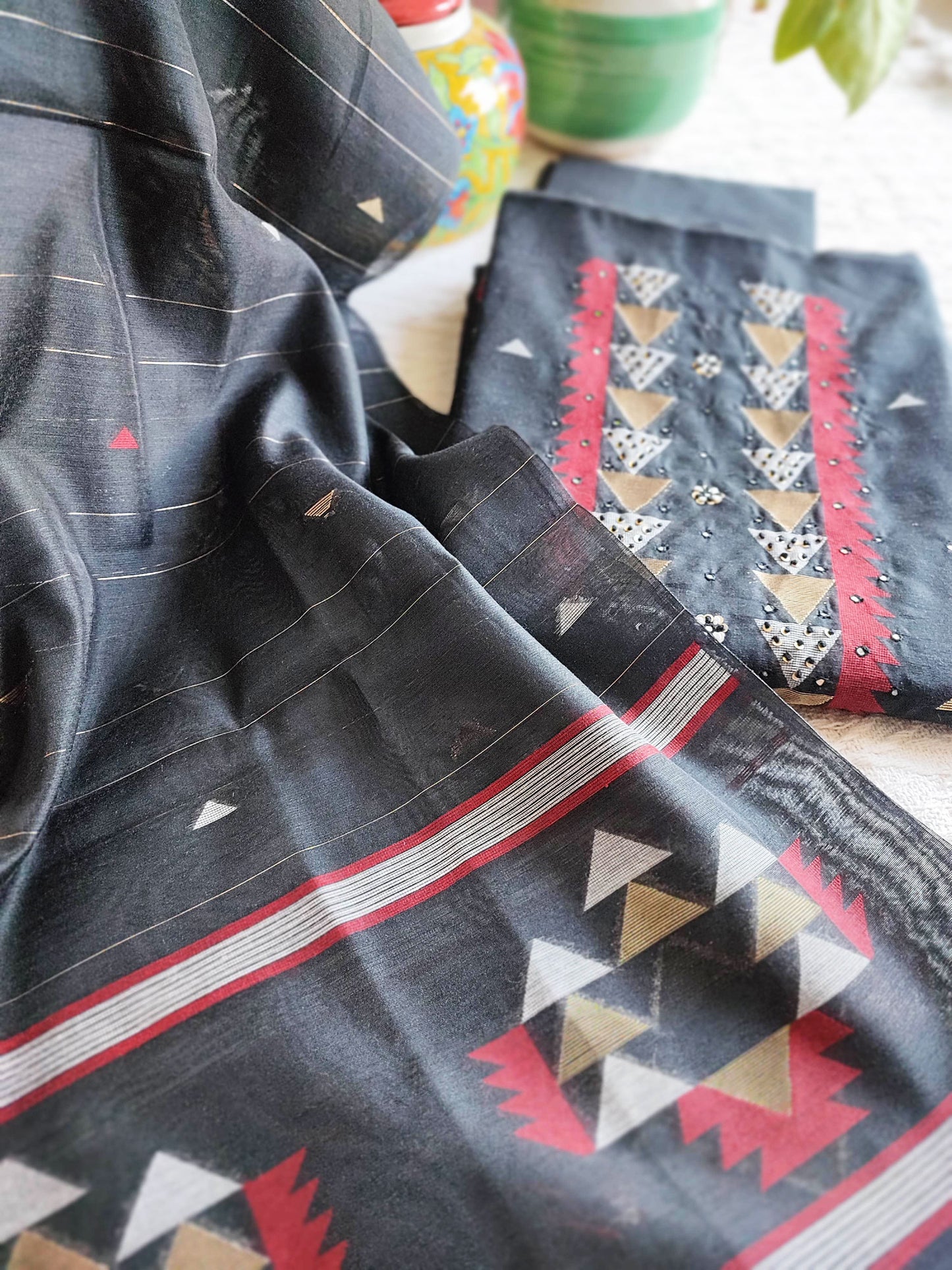 Steel Gray Chanderi Silk Resham Jamdani Suit Set with Geometric Weaving