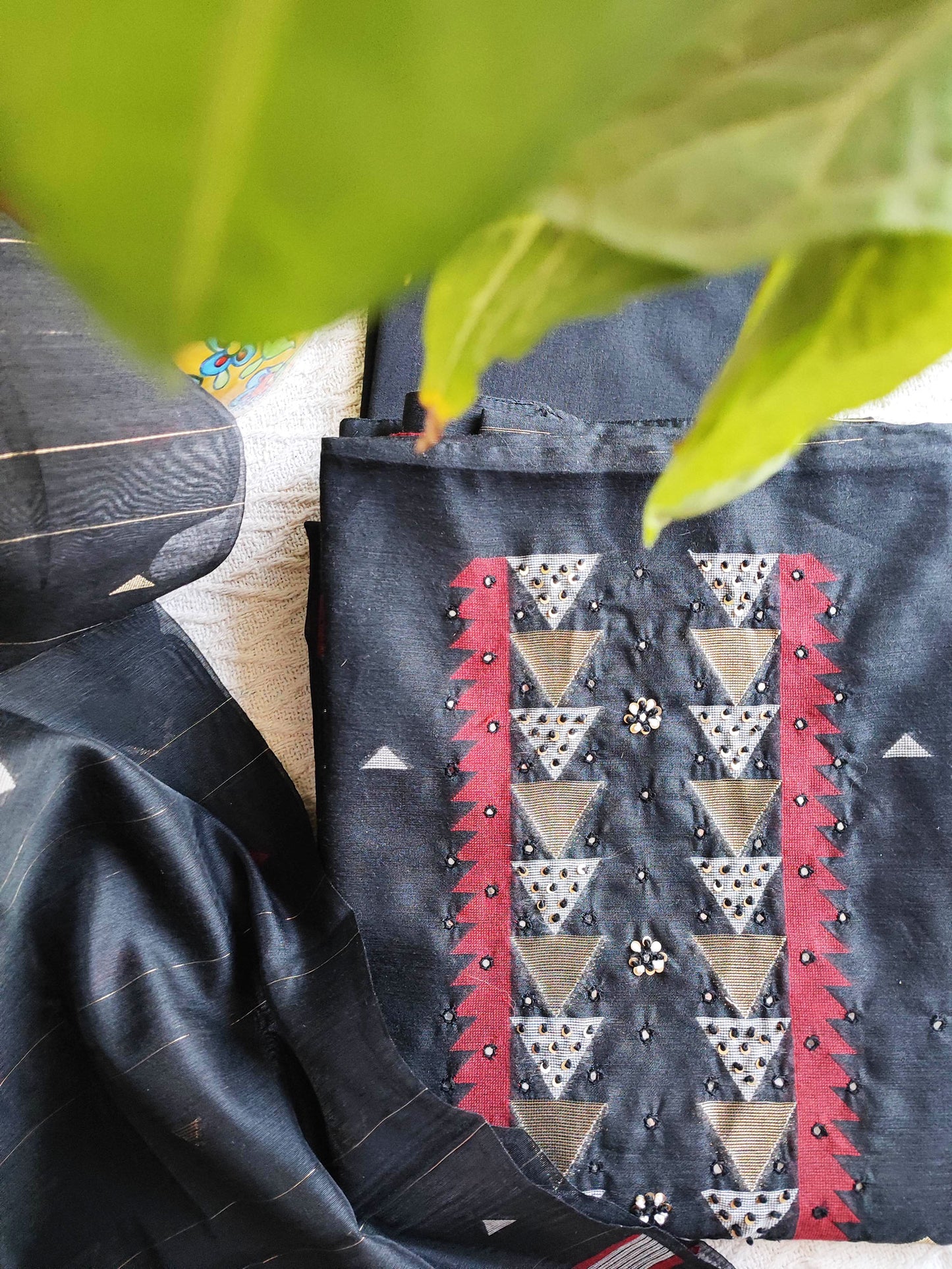 Steel Gray Chanderi Silk Resham Jamdani Suit Set with Geometric Weaving