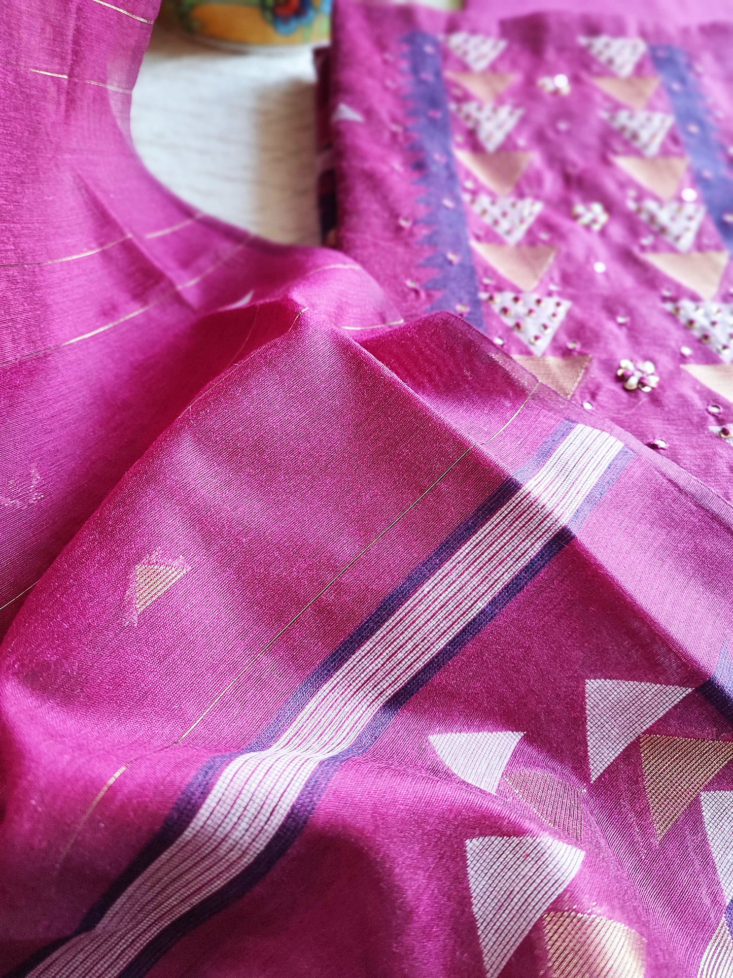 Magenta Chanderi Silk Resham Jamdani Suit Set with Geometric Weaving