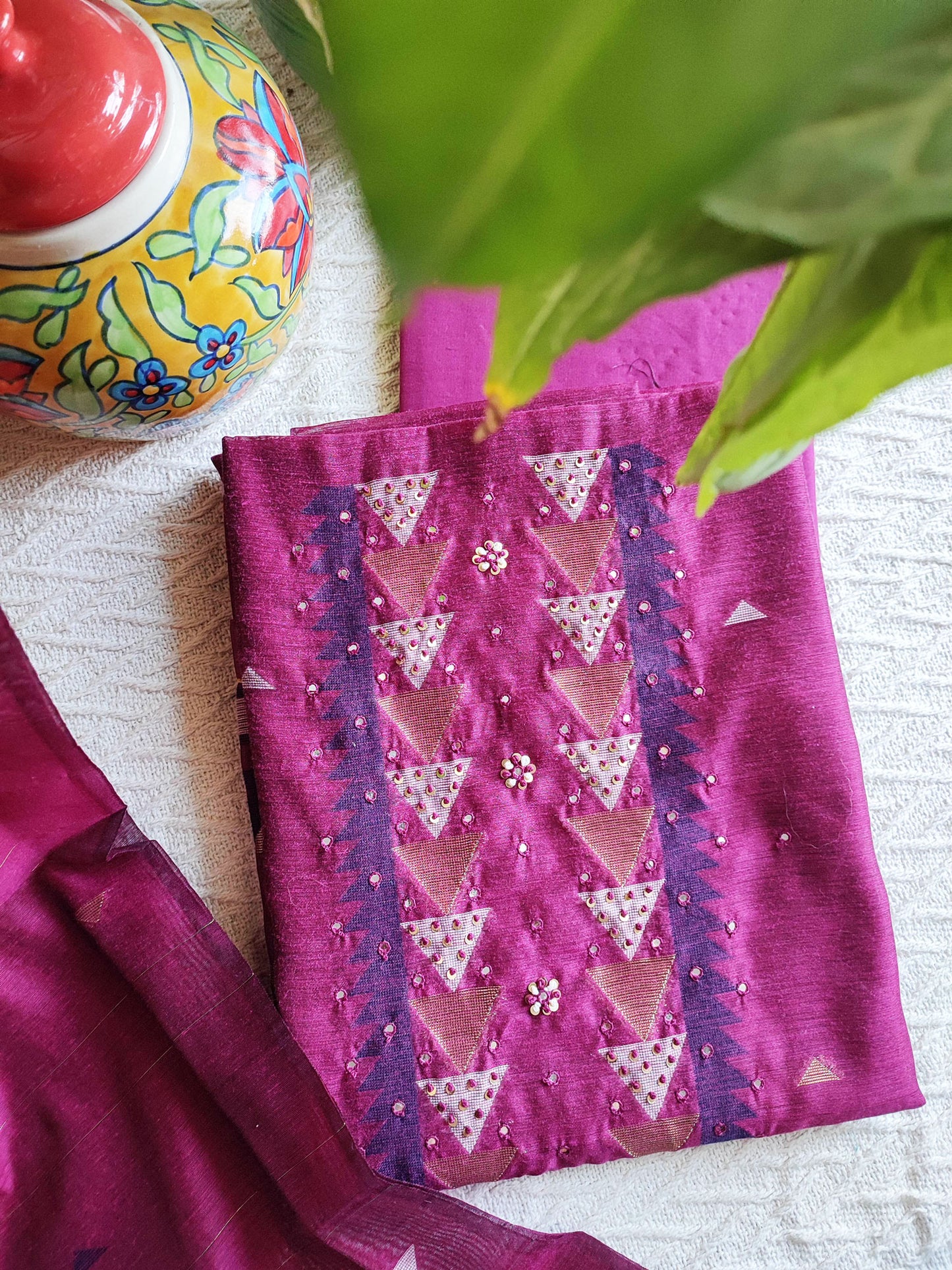 Magenta Chanderi Silk Resham Jamdani Suit Set with Geometric Weaving