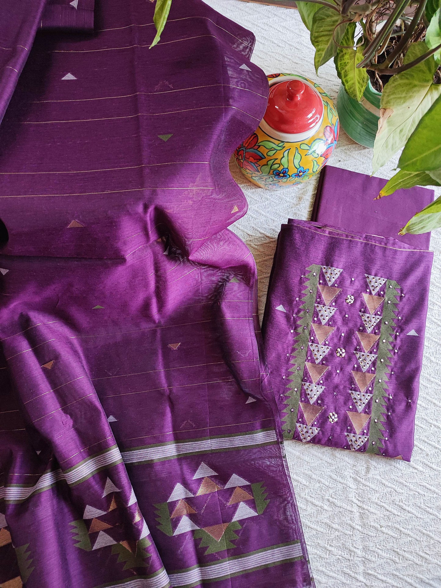 Purple Chanderi Silk Resham Jamdani Suit Set with Geometric Weaving