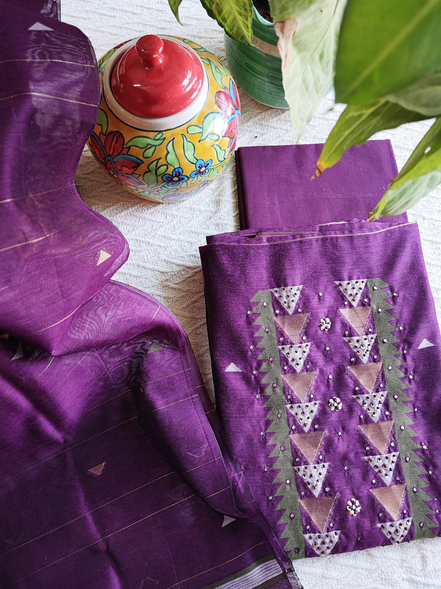 Purple Chanderi Silk Resham Jamdani Suit Set with Geometric Weaving