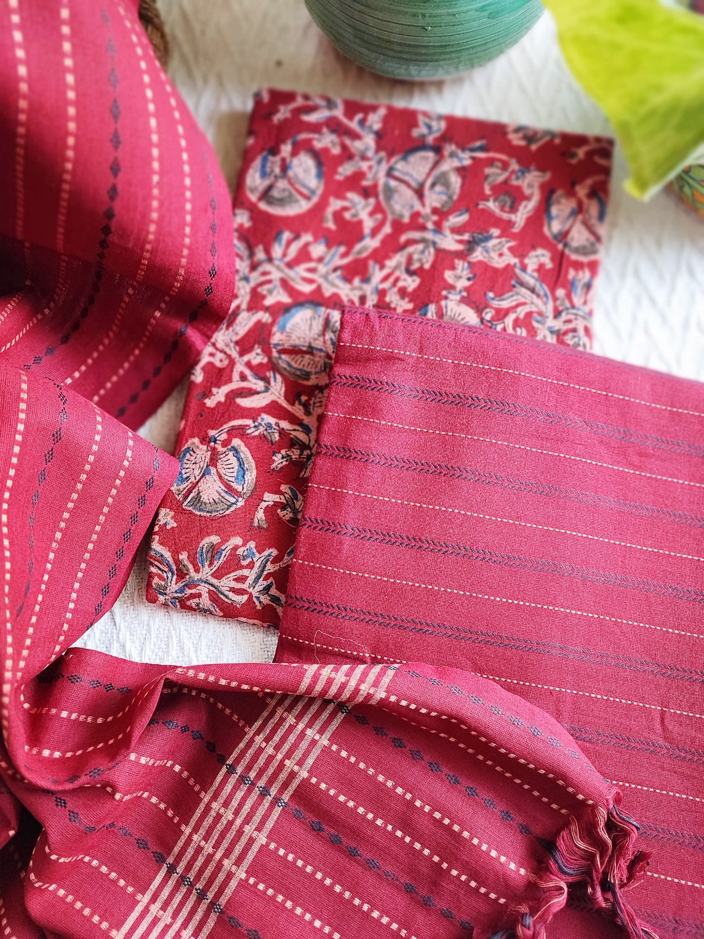 Handloom Pure Cotton Self Weaving Suit Set With Kalamkari Pants