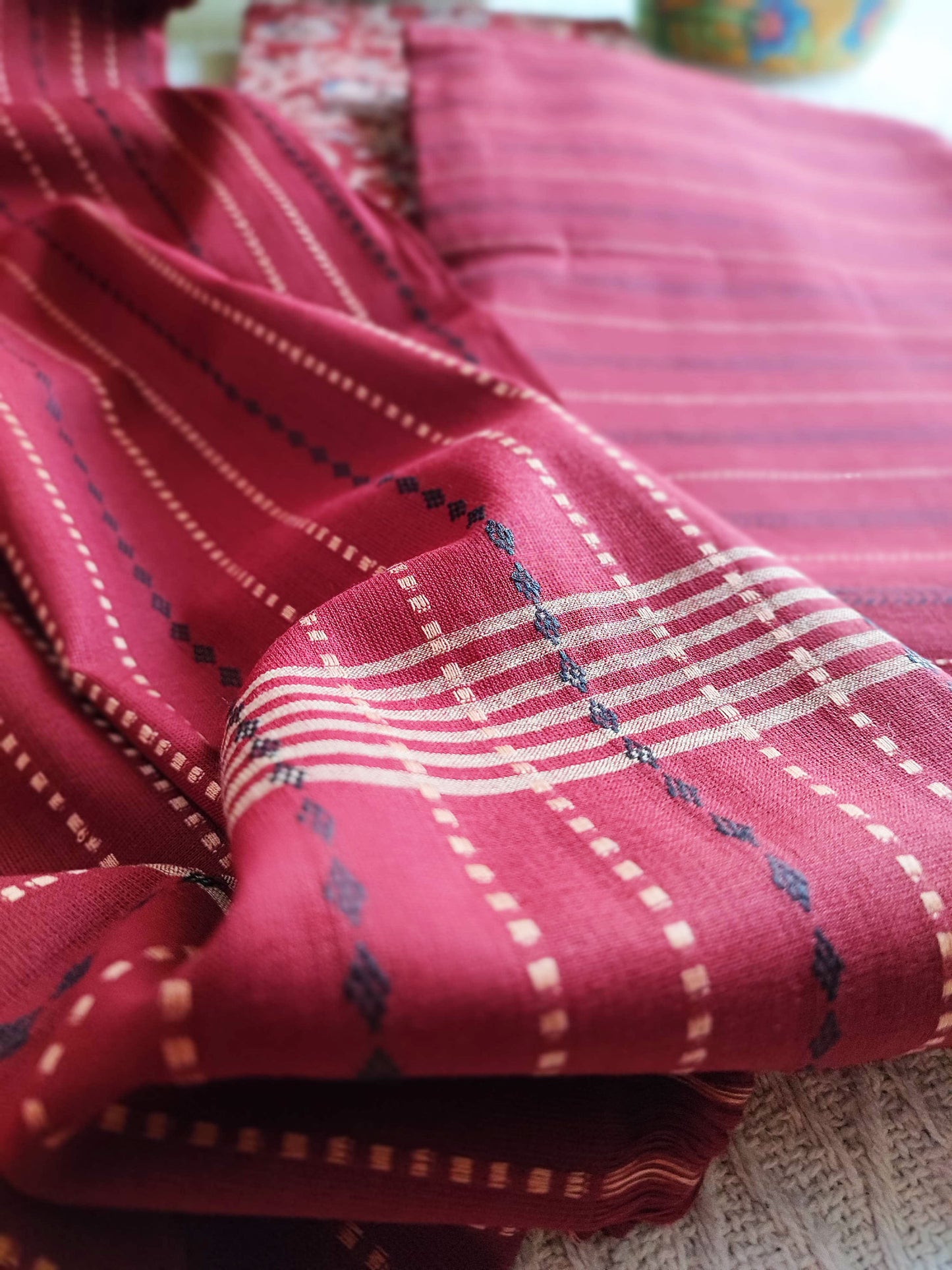 Handloom Pure Cotton Self Weaving Suit Set With Kalamkari Pants