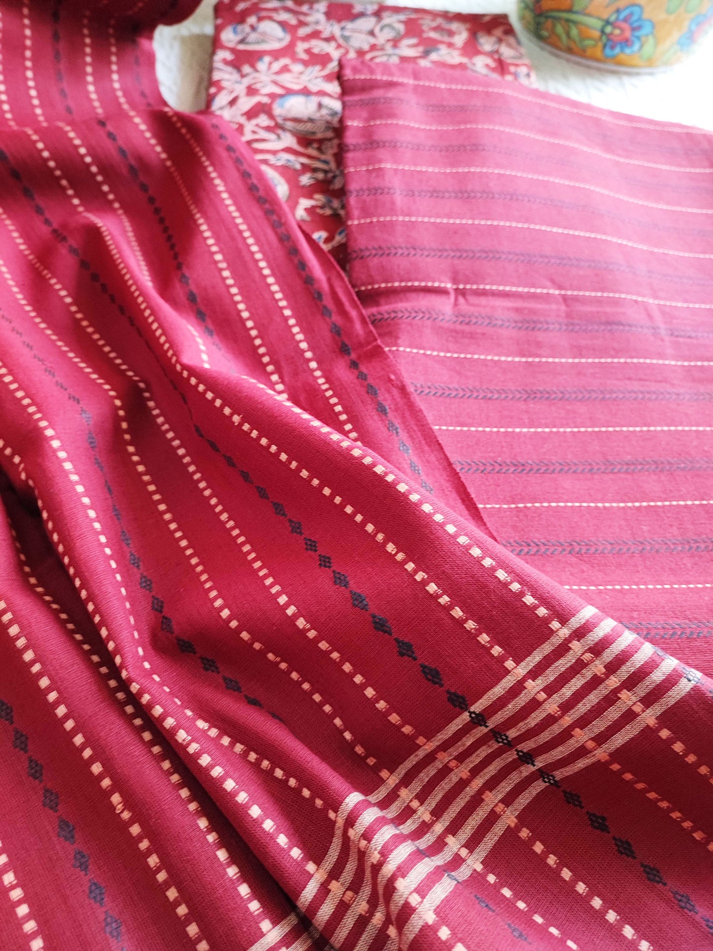 Handloom Pure Cotton Self Weaving Suit Set With Kalamkari Pants