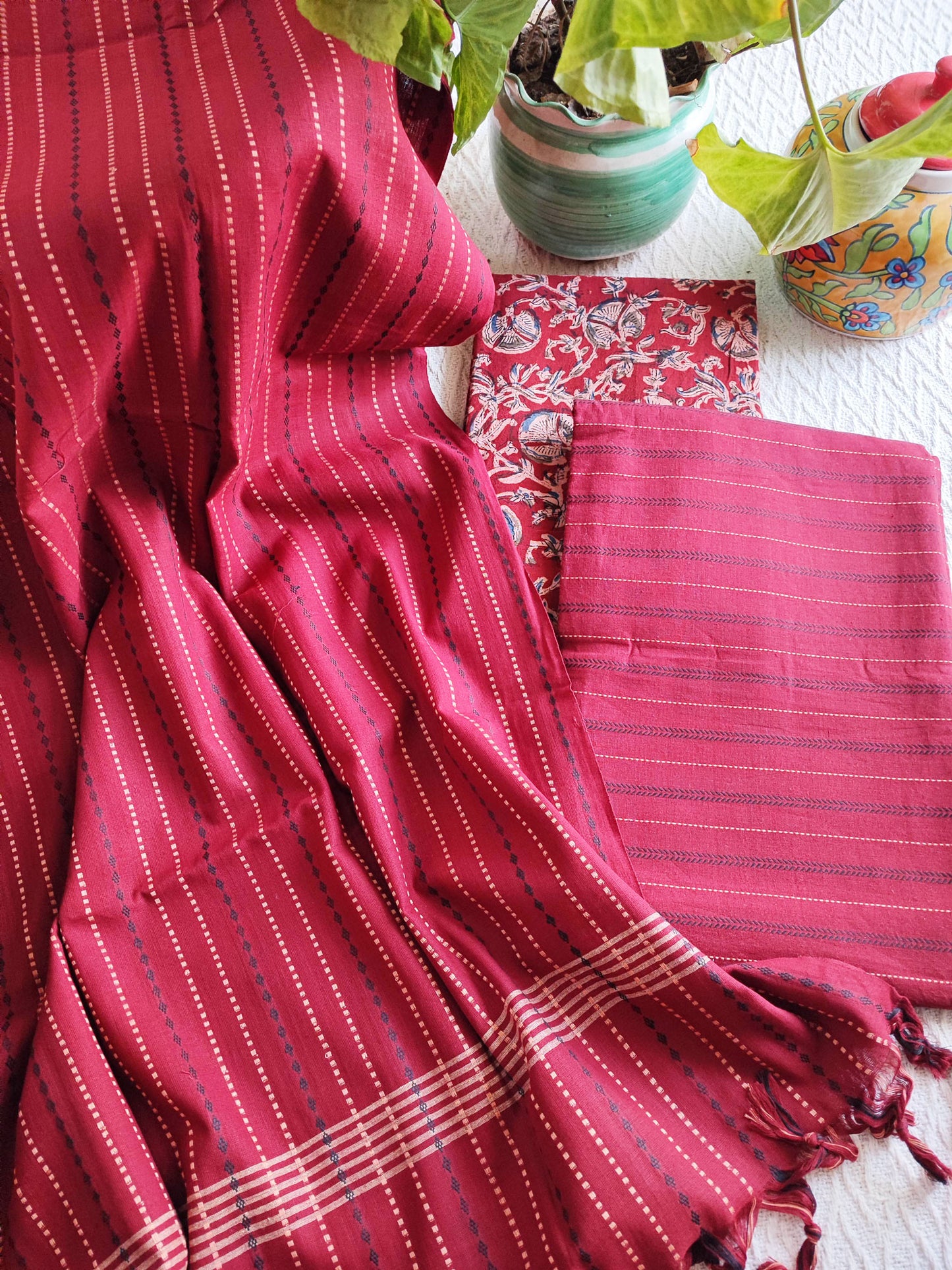 Handloom Pure Cotton Self Weaving Suit Set With Kalamkari Pants