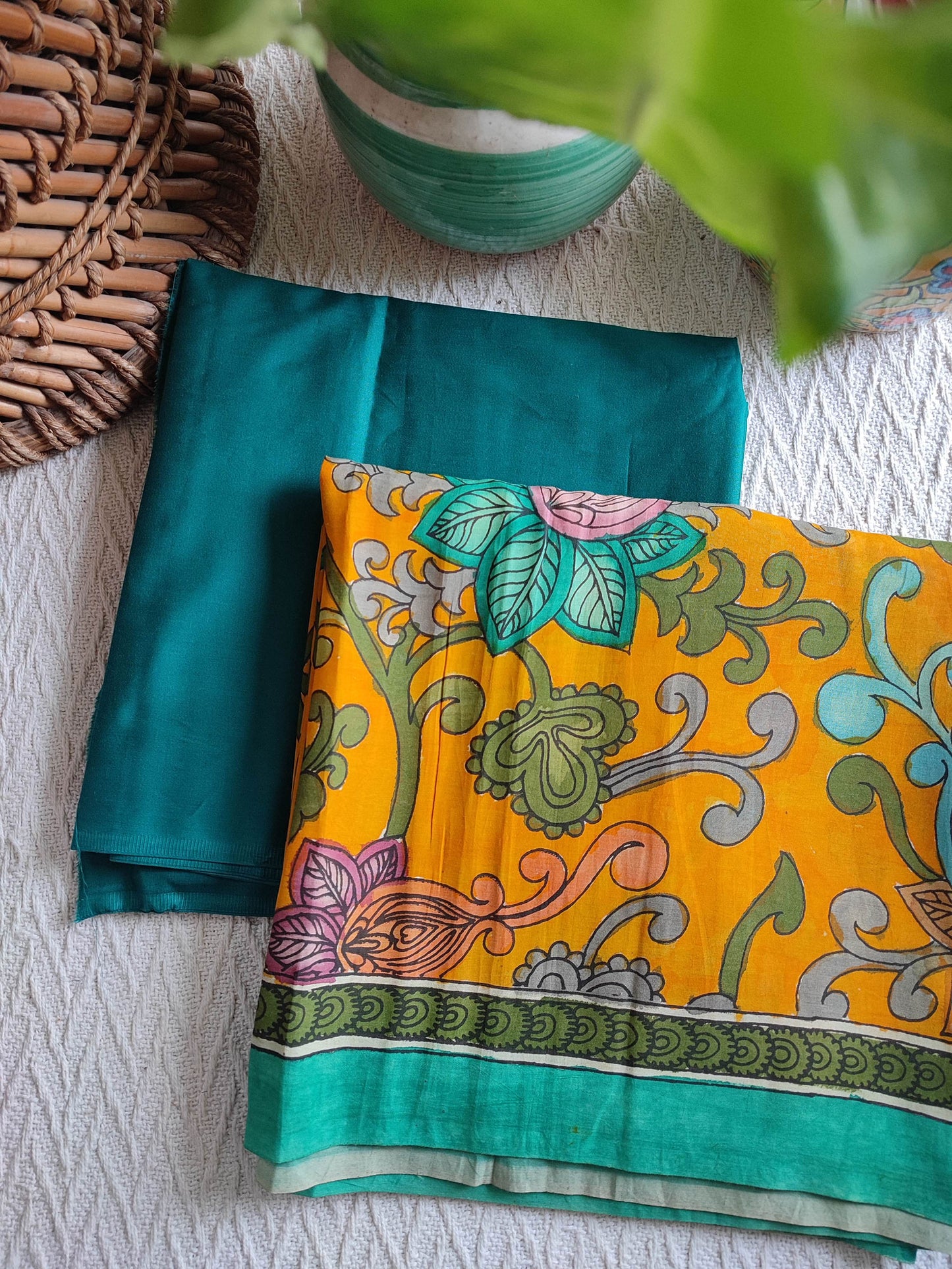 Srikalahasti Kalamkari Marigold Kurta with Teal Pants Set