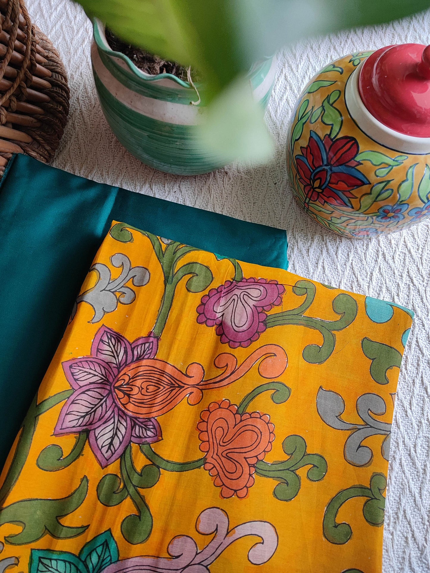 Srikalahasti Kalamkari Marigold Kurta with Teal Pants Set