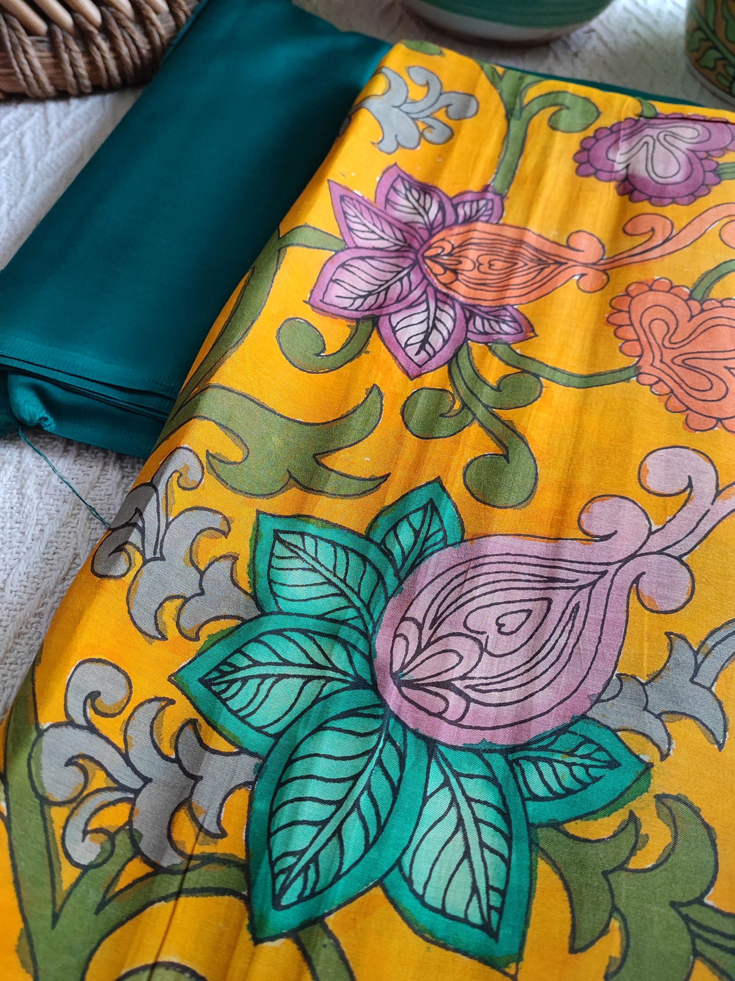 Srikalahasti Kalamkari Marigold Kurta with Teal Pants Set