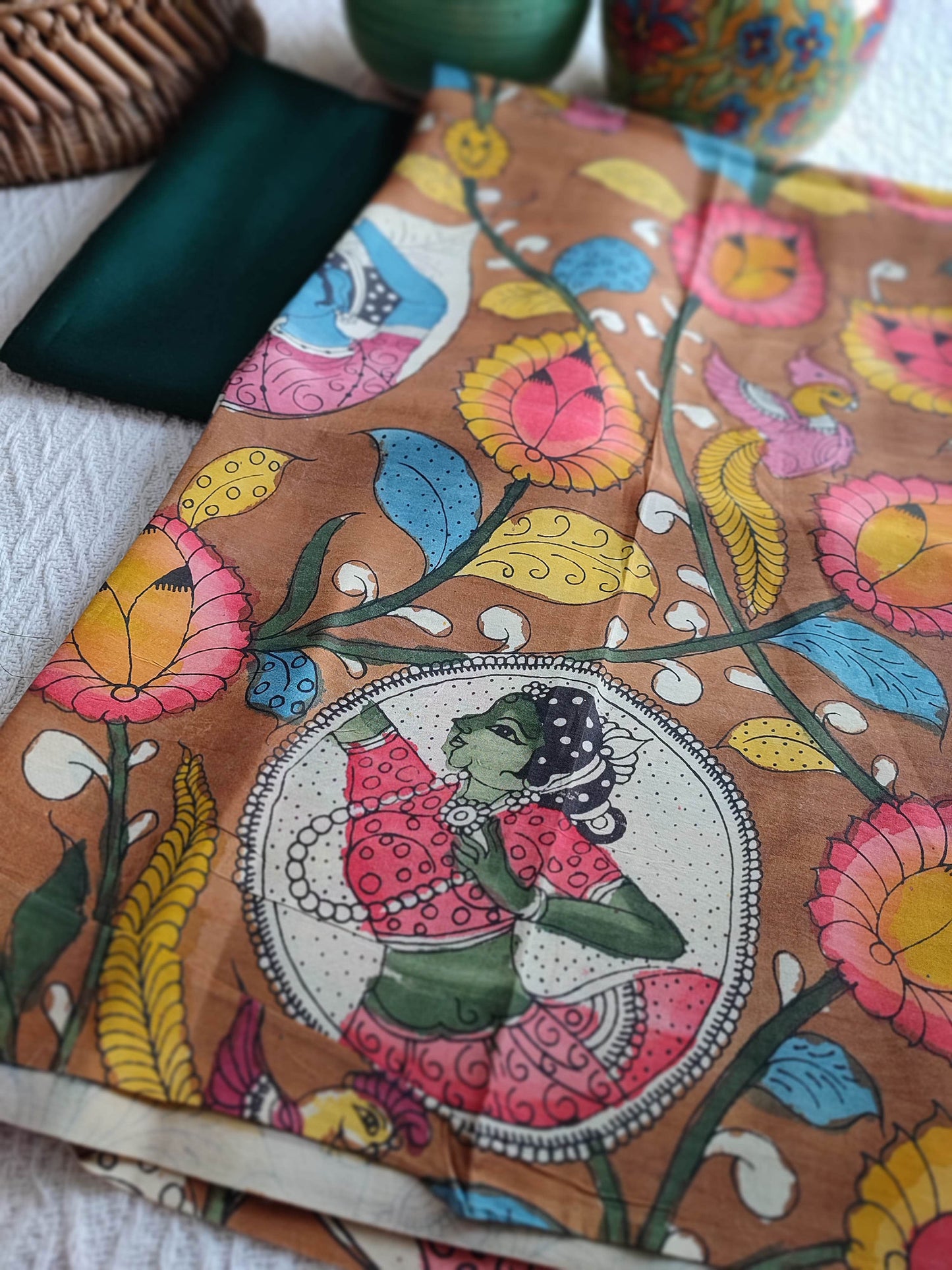 Srikalahasti Kalamkari Ginger Brown Kurta with Bottle Green Pants Set