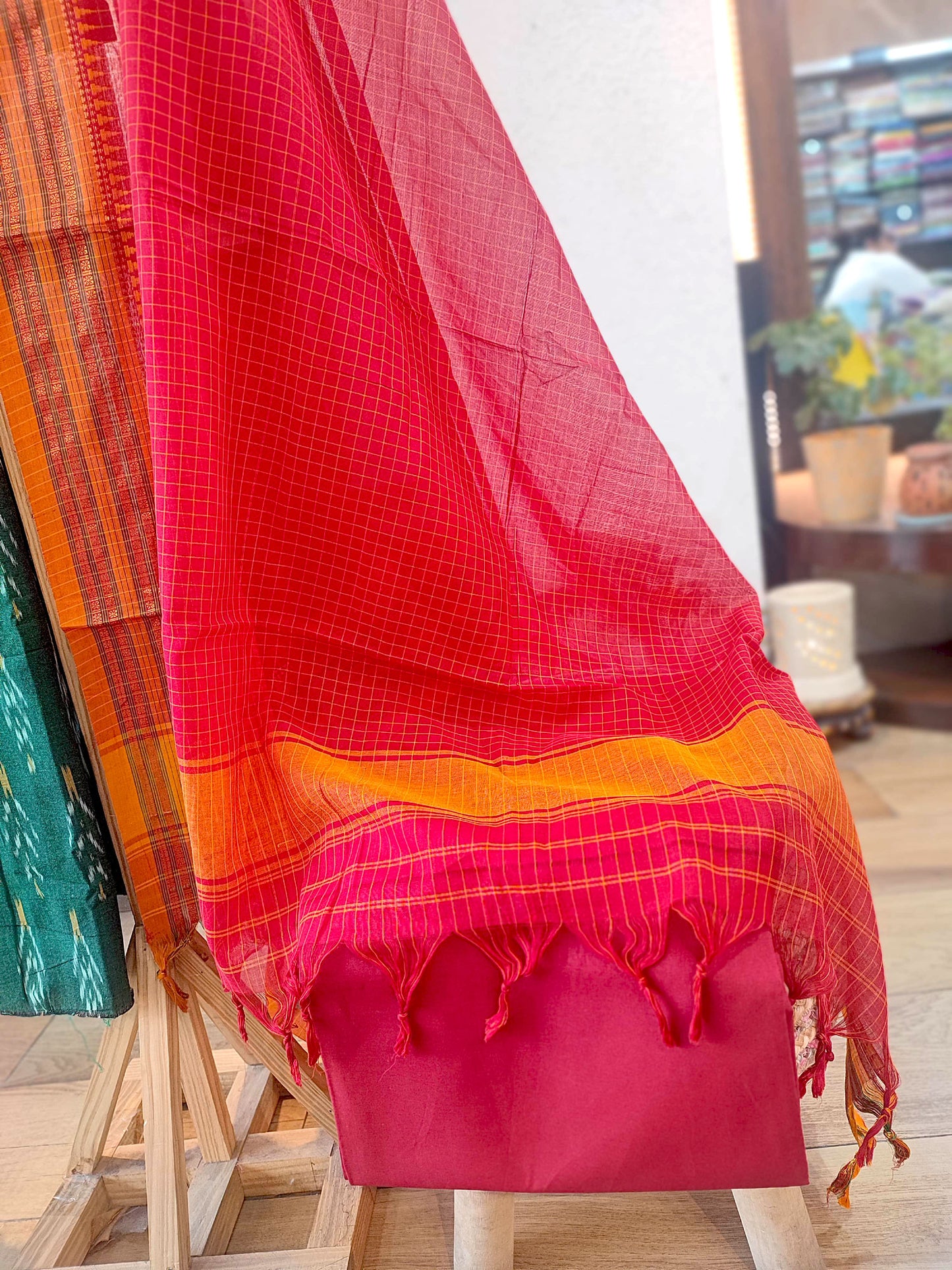 Cadmium Green & Scarlet Pure Cotton Handloom Ikkat Suit Set