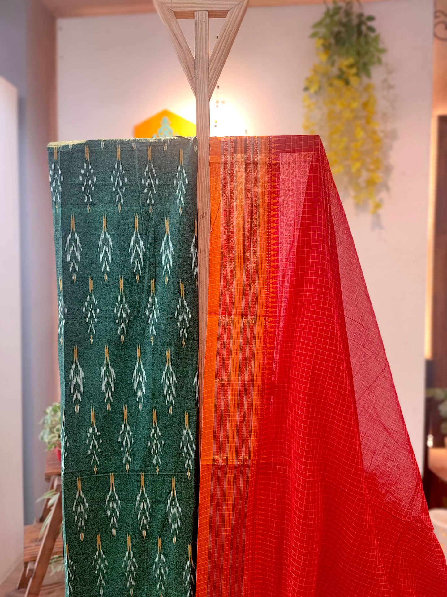 Cadmium Green & Scarlet Pure Cotton Handloom Ikkat Suit Set