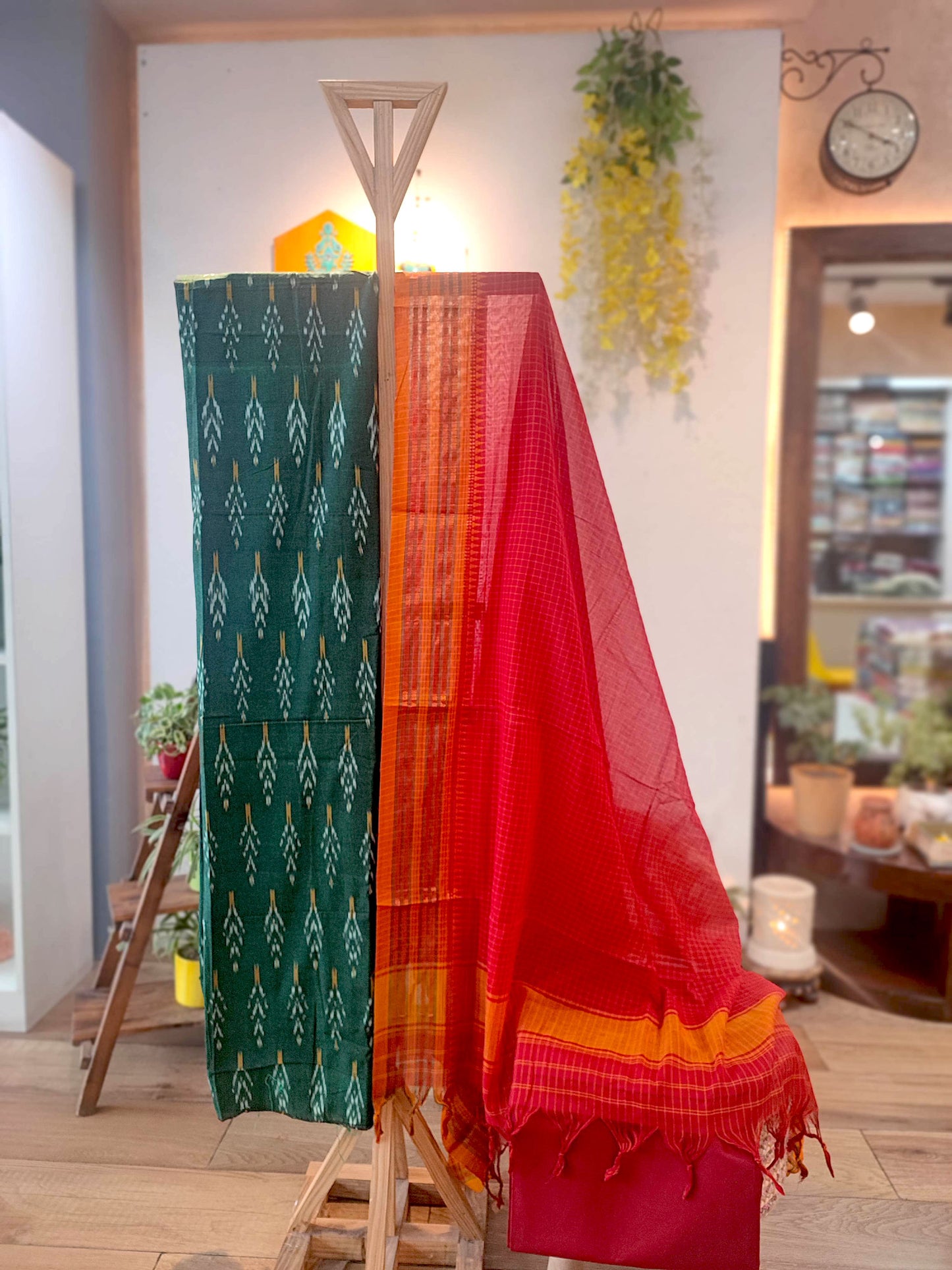 Cadmium Green & Scarlet Pure Cotton Handloom Ikkat Suit Set