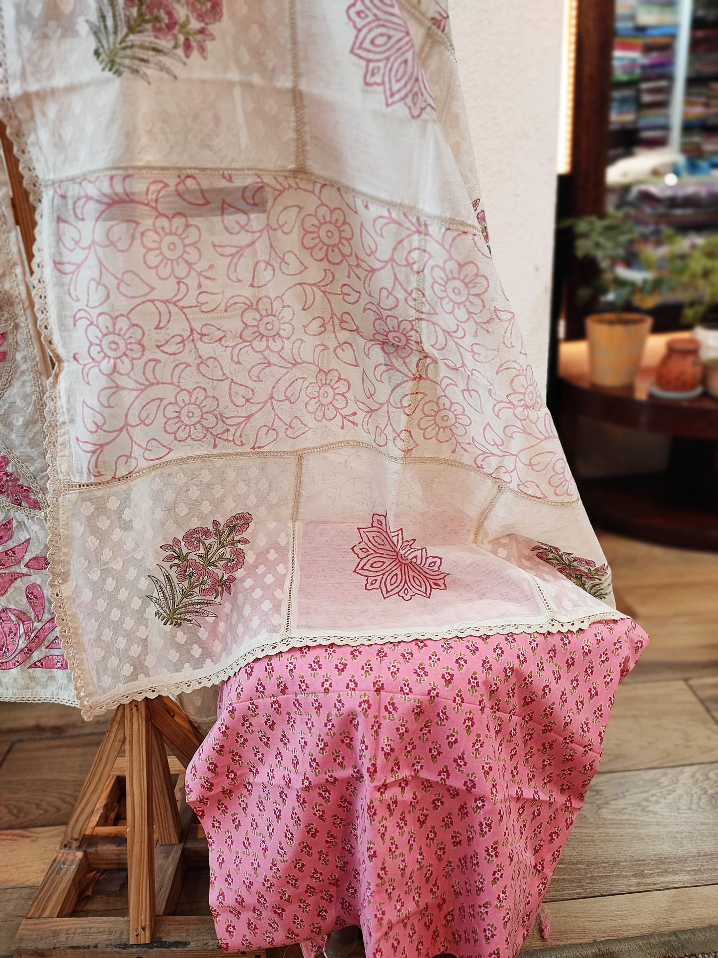 Off-White and Pink Self-Weaving Block Print Kurta with Cotton Dupatta and Bottom