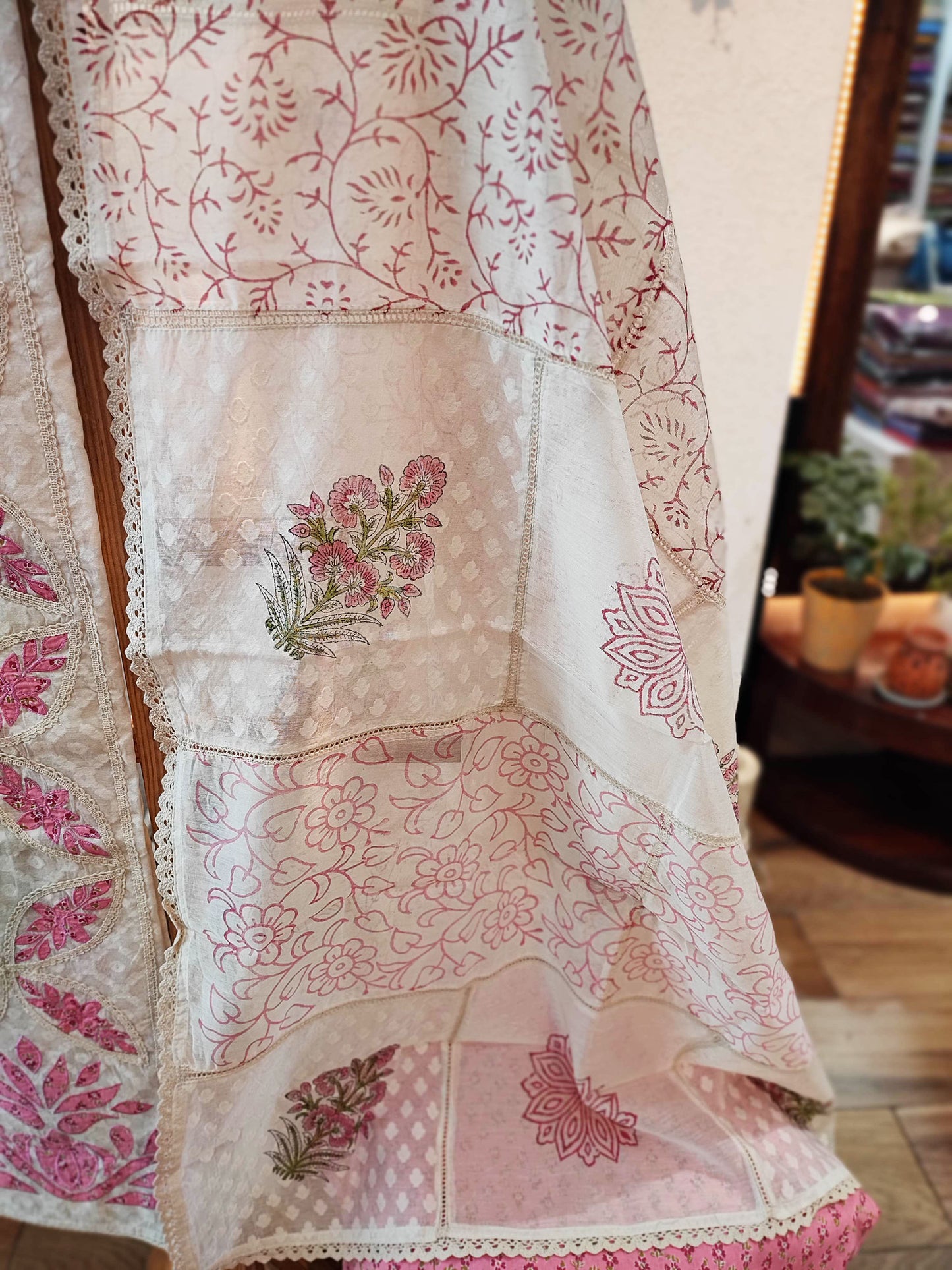 Off-White and Pink Self-Weaving Block Print Kurta with Cotton Dupatta and Bottom