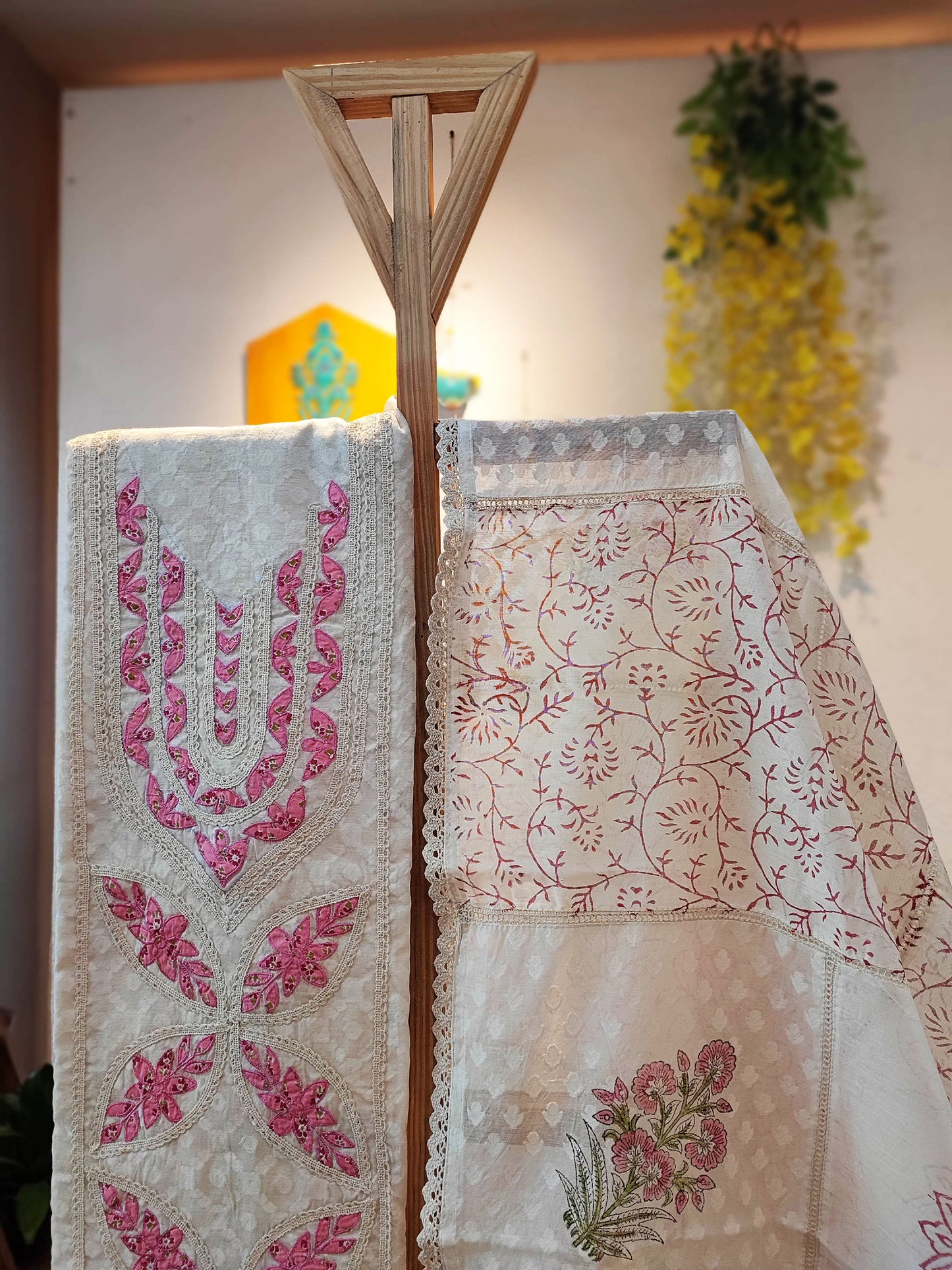 Off-White and Pink Self-Weaving Block Print Kurta with Cotton Dupatta and Bottom