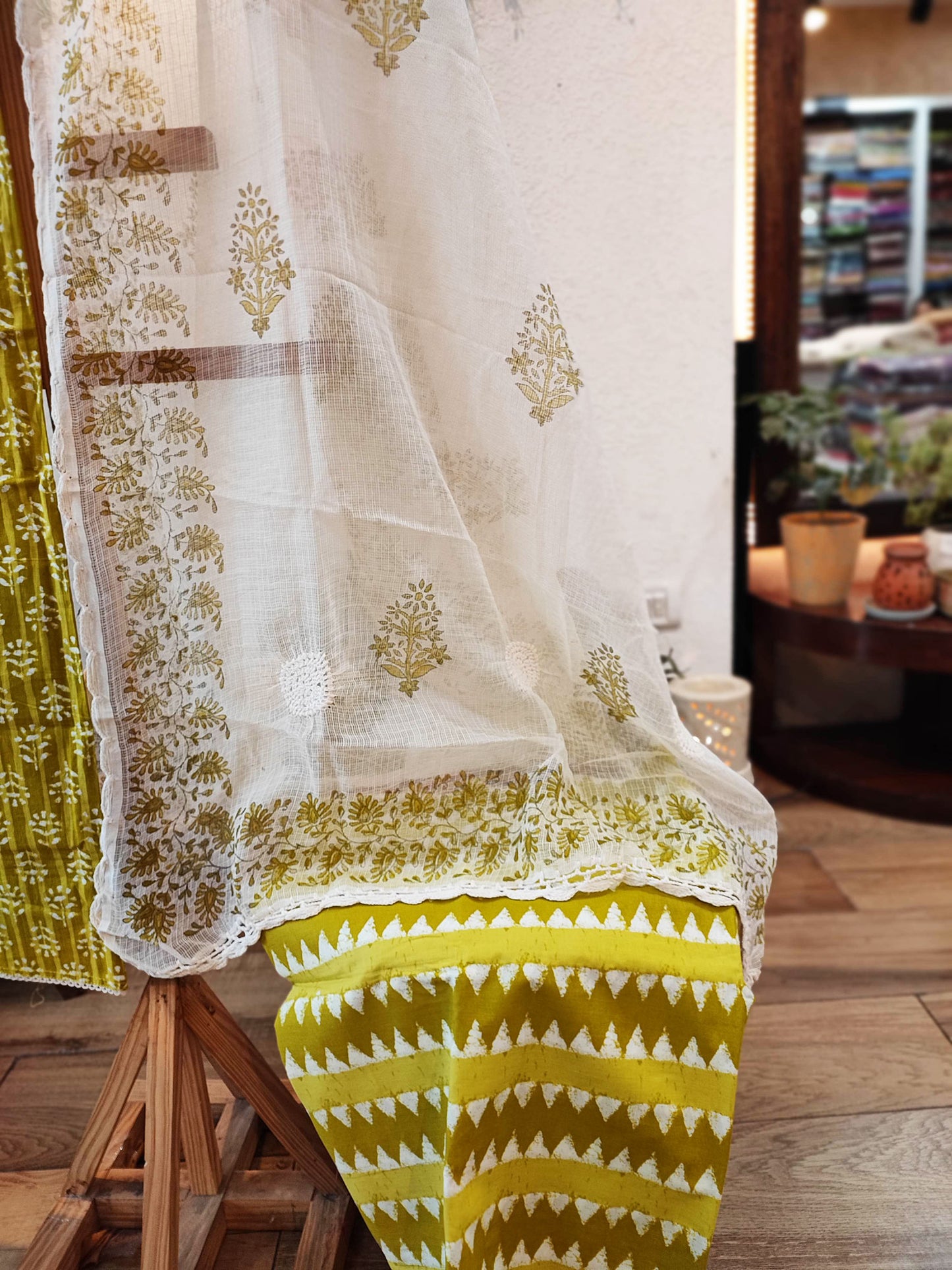 Mint Green and Off-White Pure Cotton Suit and Dupatta  and Plain Bottom