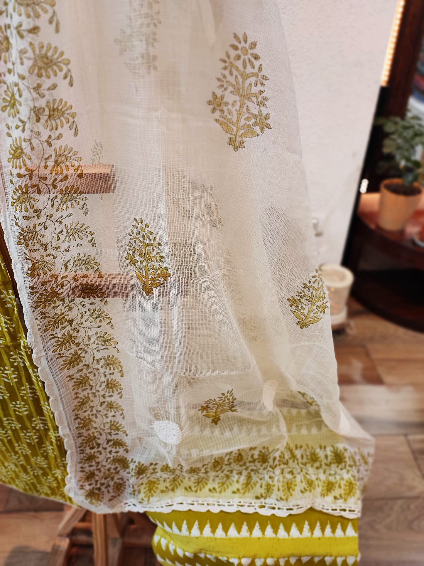 Mint Green and Off-White Pure Cotton Suit and Dupatta  and Plain Bottom