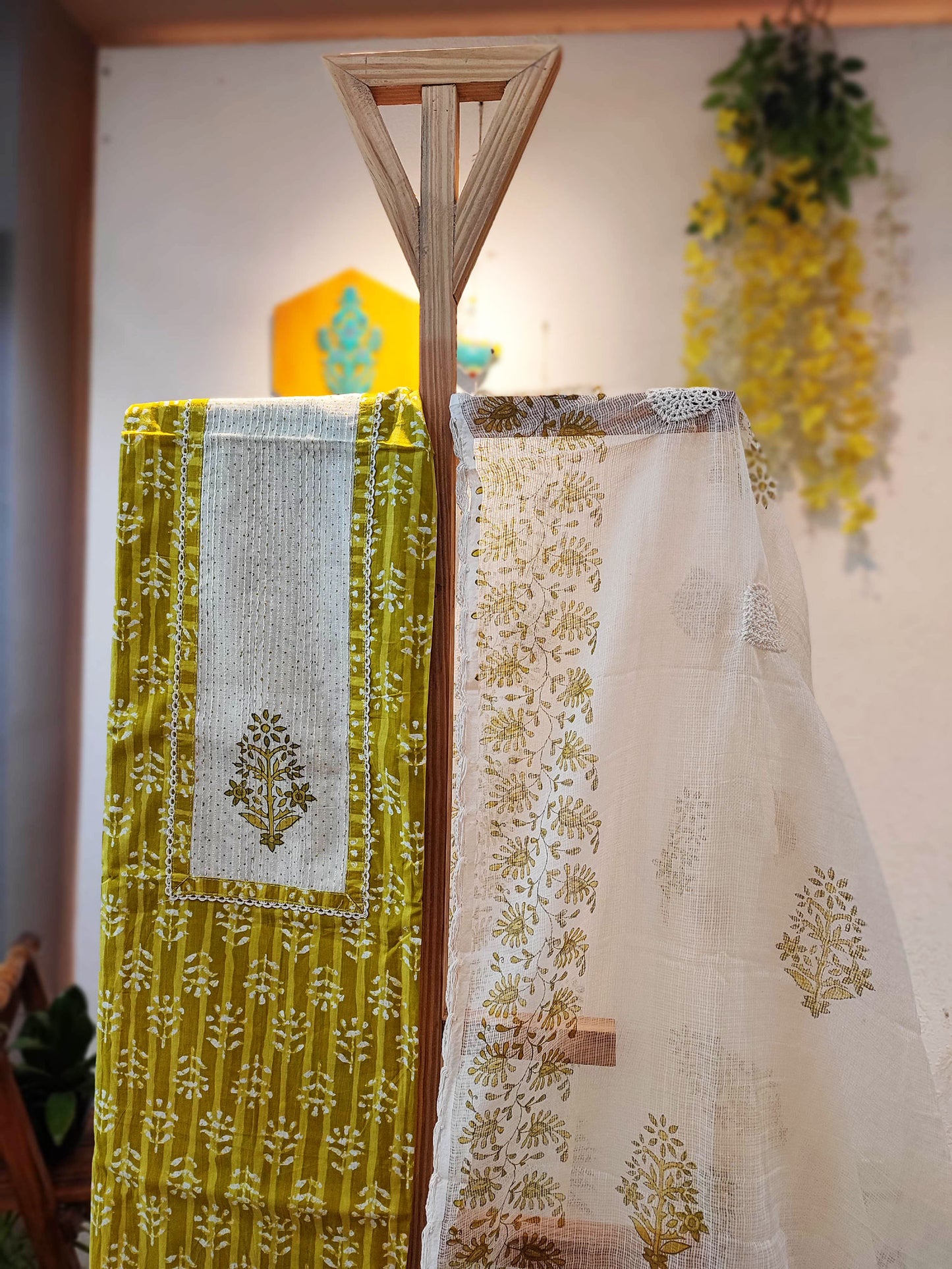 Mint Green and Off-White Pure Cotton Suit and Dupatta  and Plain Bottom