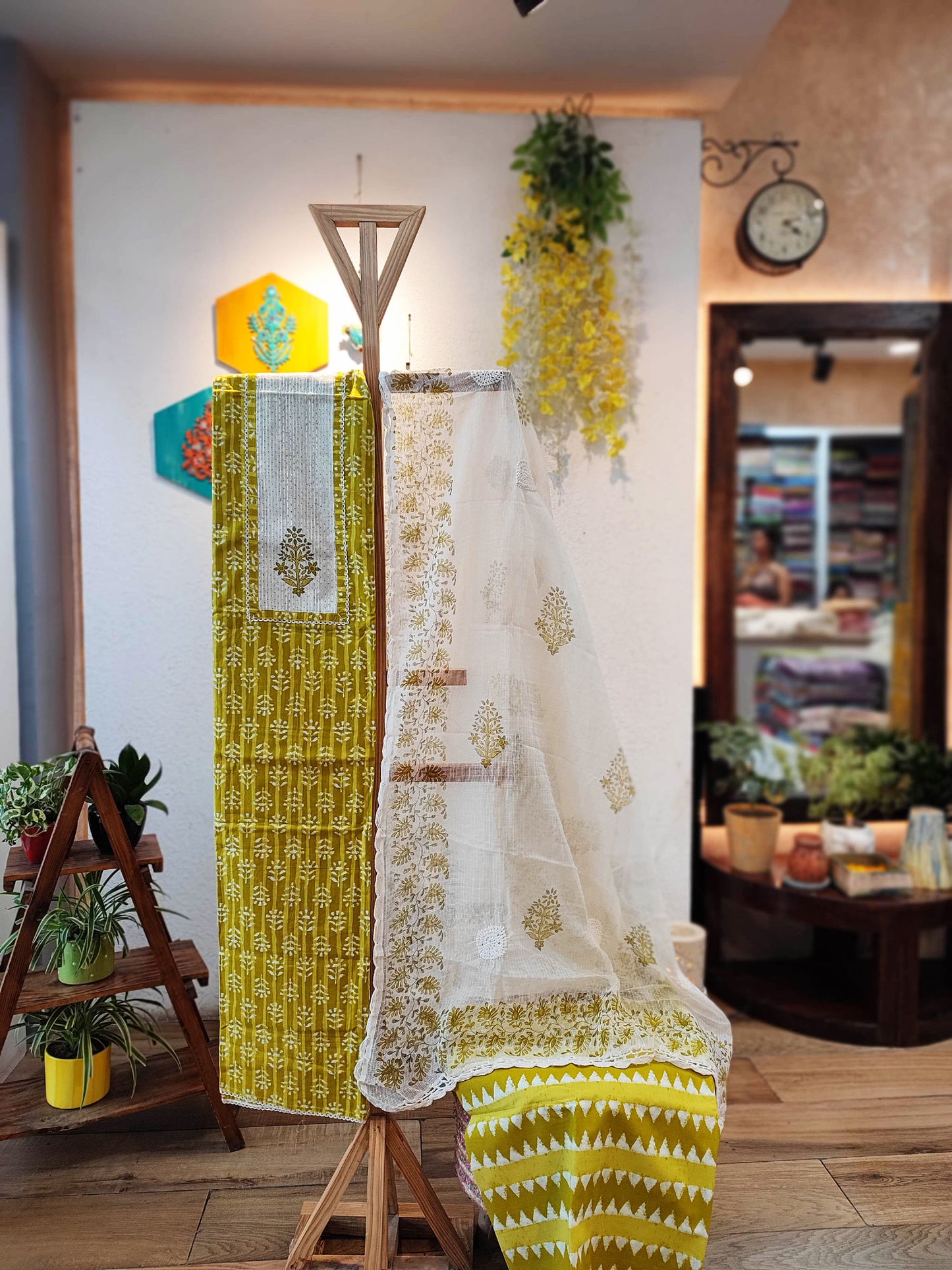 Mint Green and Off-White Pure Cotton Suit and Dupatta  and Plain Bottom