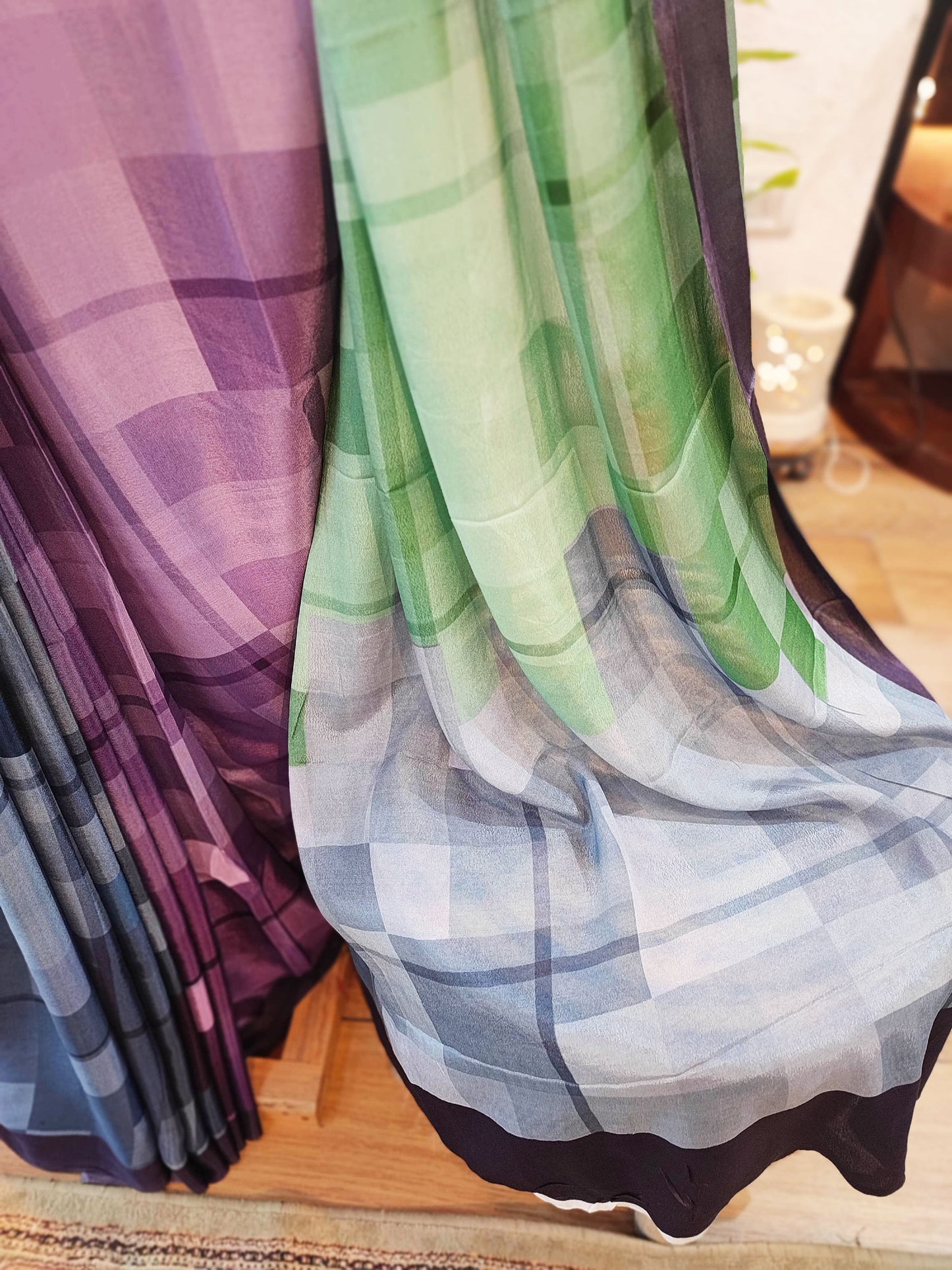 Multicolor Geometric Print Crepe Saree with Running Blouse