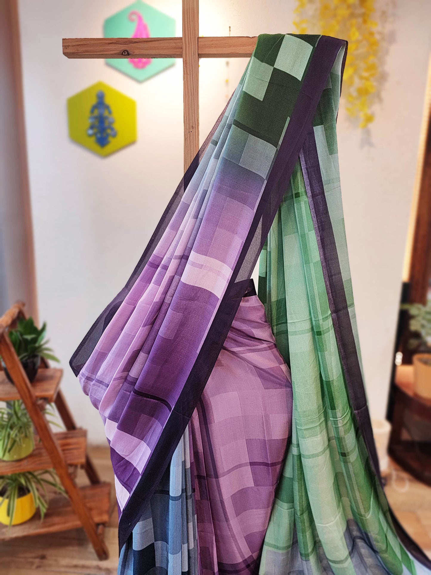 Multicolor Geometric Print Crepe Saree with Running Blouse