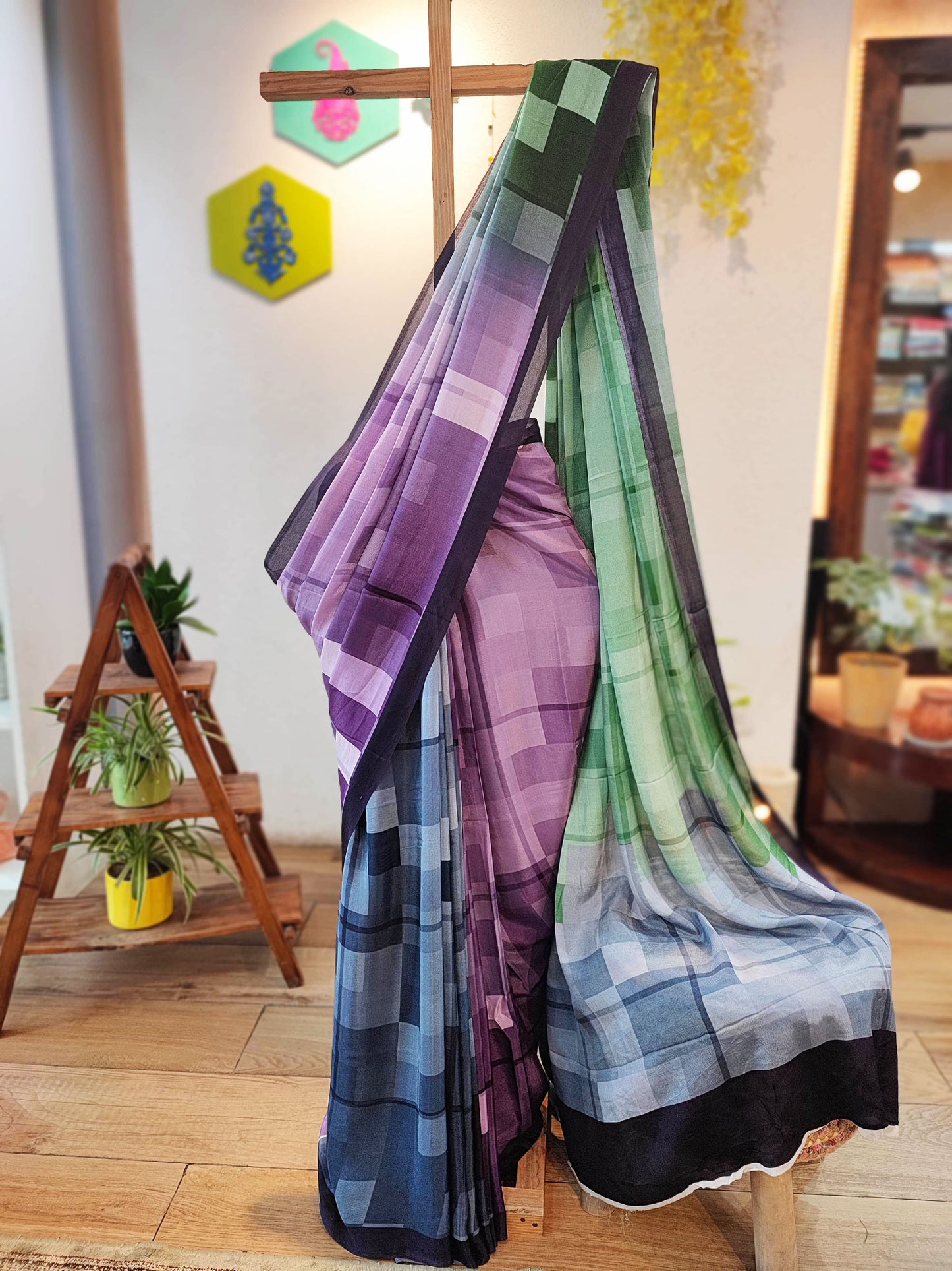 Multicolor Geometric Print Crepe Saree with Running Blouse