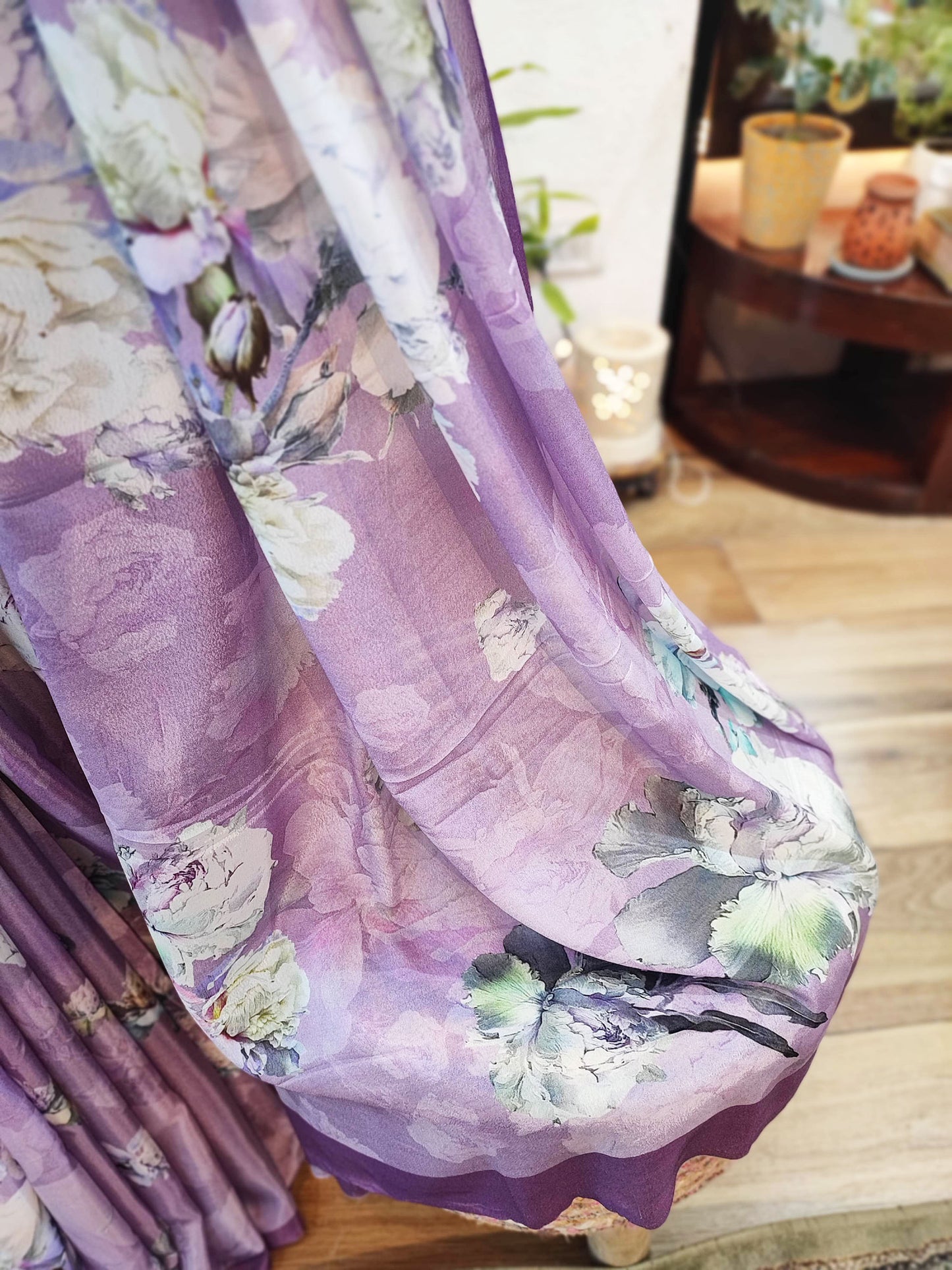 Purple Floral Pure Crepe Saree with Running Blouse