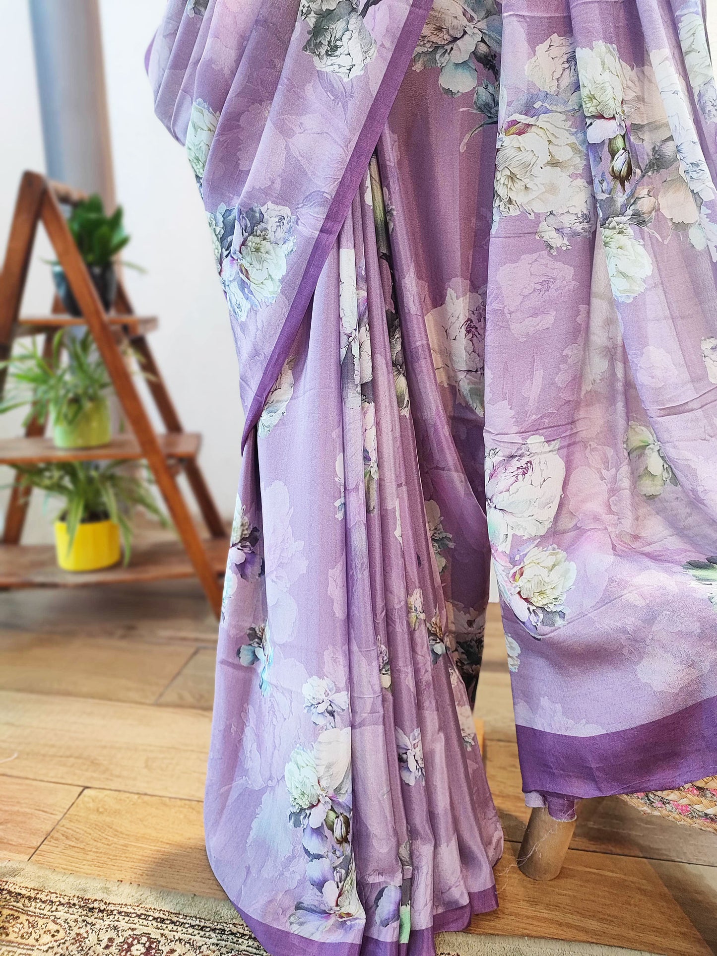 Purple Floral Pure Crepe Saree with Running Blouse