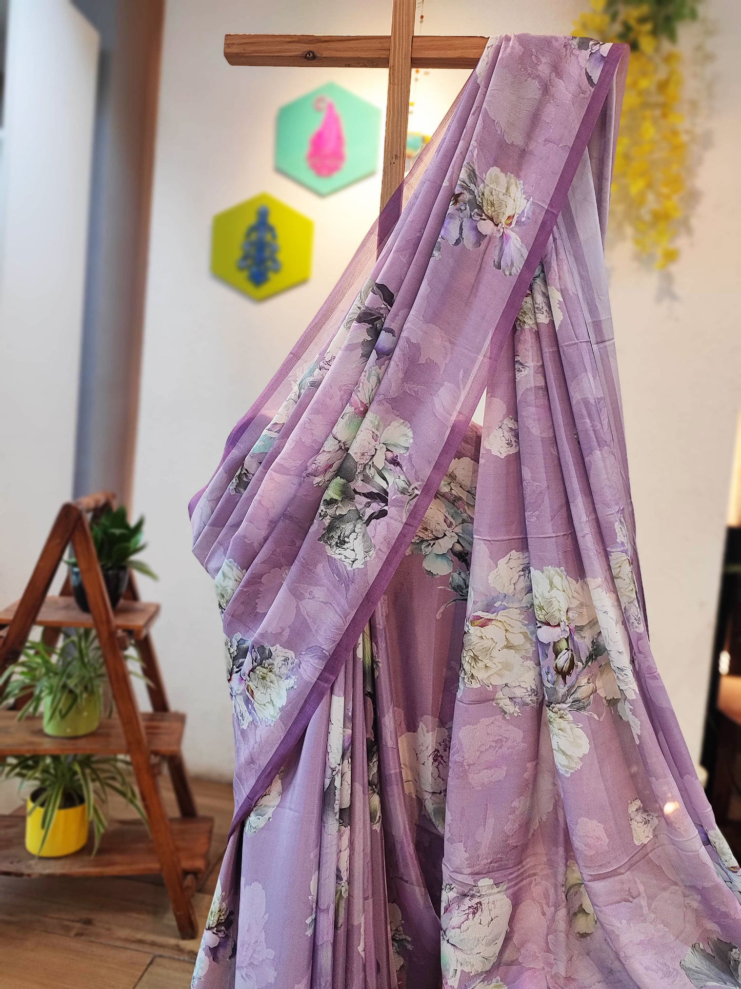 Purple Floral Pure Crepe Saree with Running Blouse
