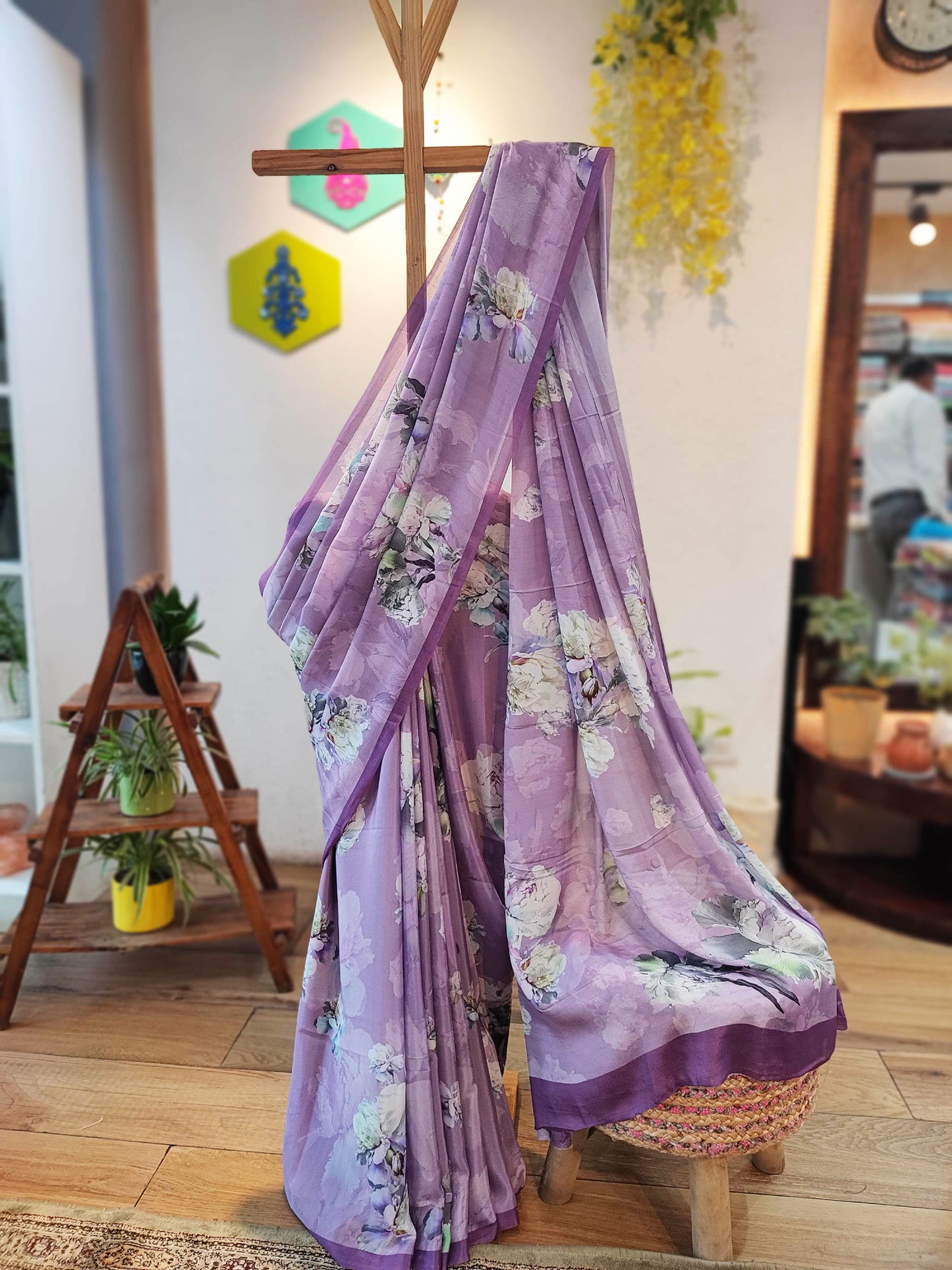 Purple Floral Pure Crepe Saree with Running Blouse