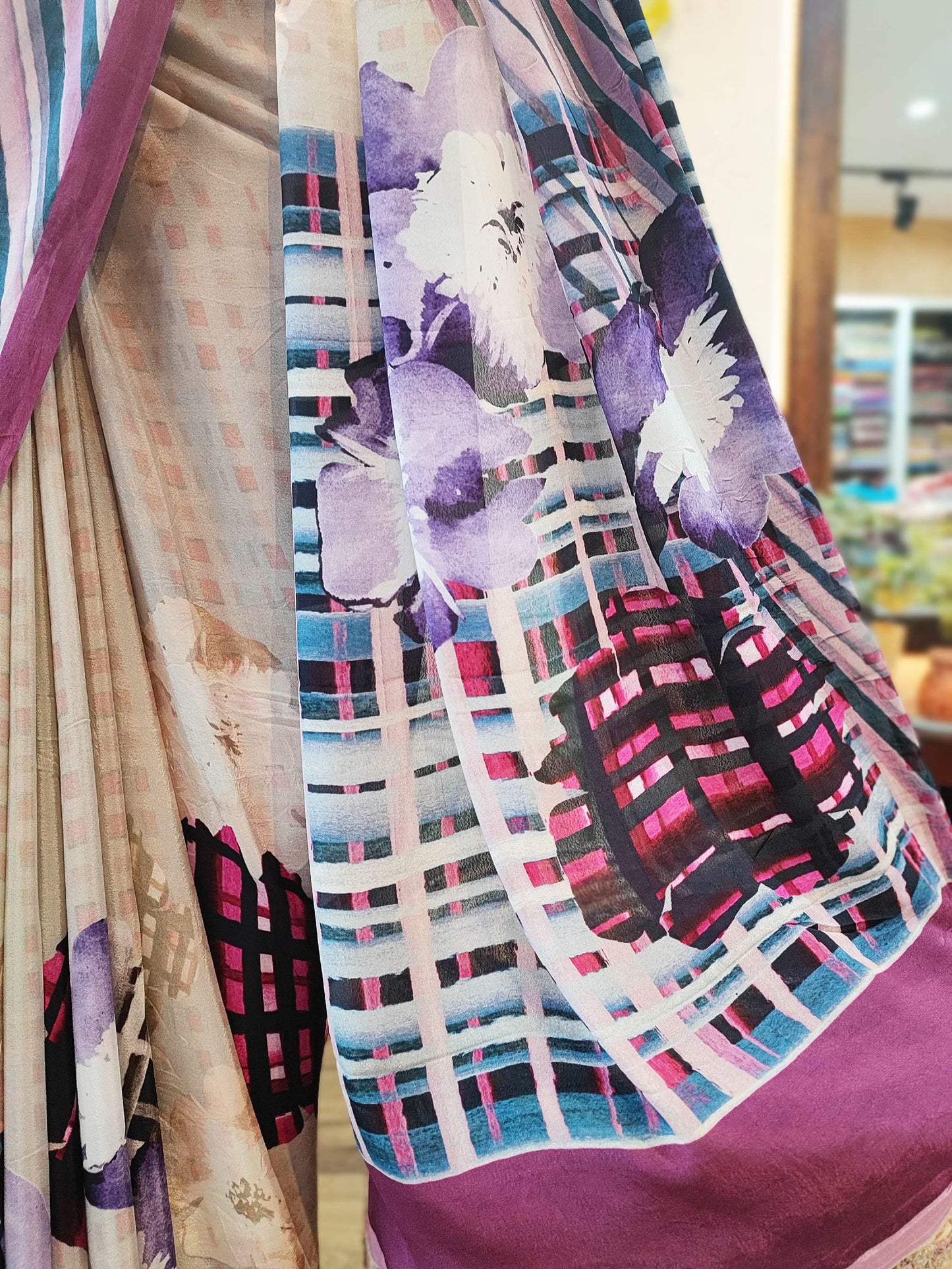 Purple Geometric & Floral Print Pure Crepe Saree with Running Blouse
