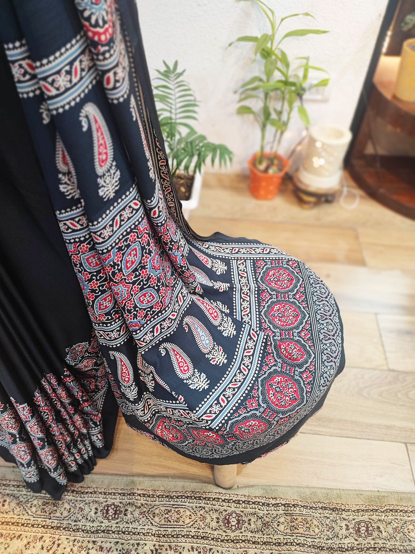 Black Handblock Printed Modal Saree with Running Blouse