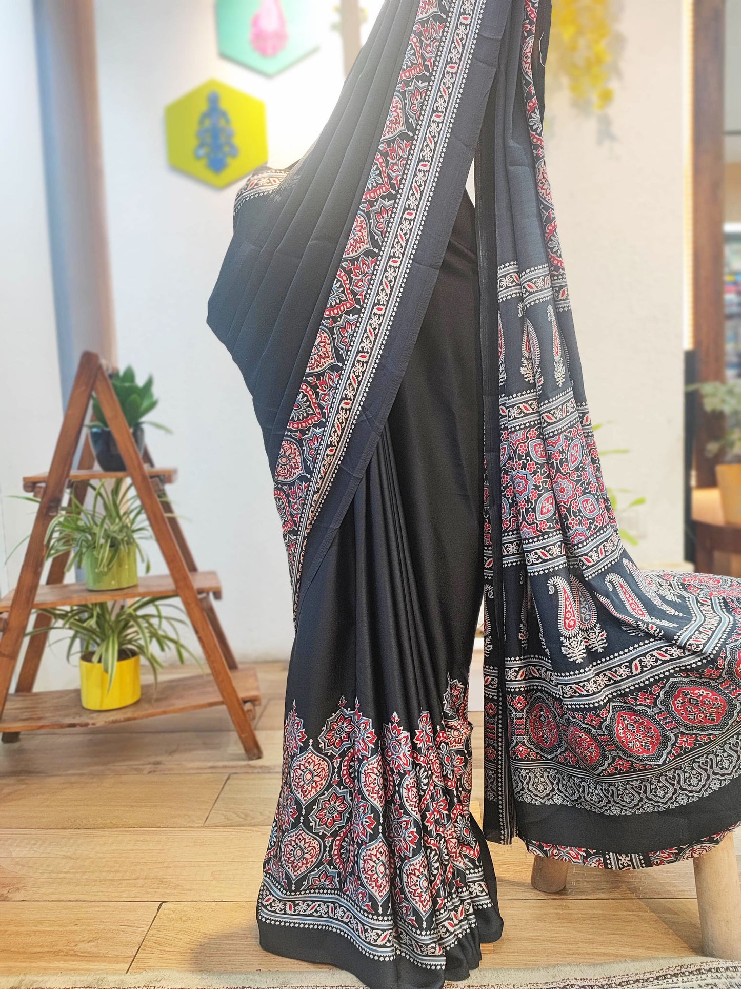 Black Handblock Printed Modal Saree with Running Blouse