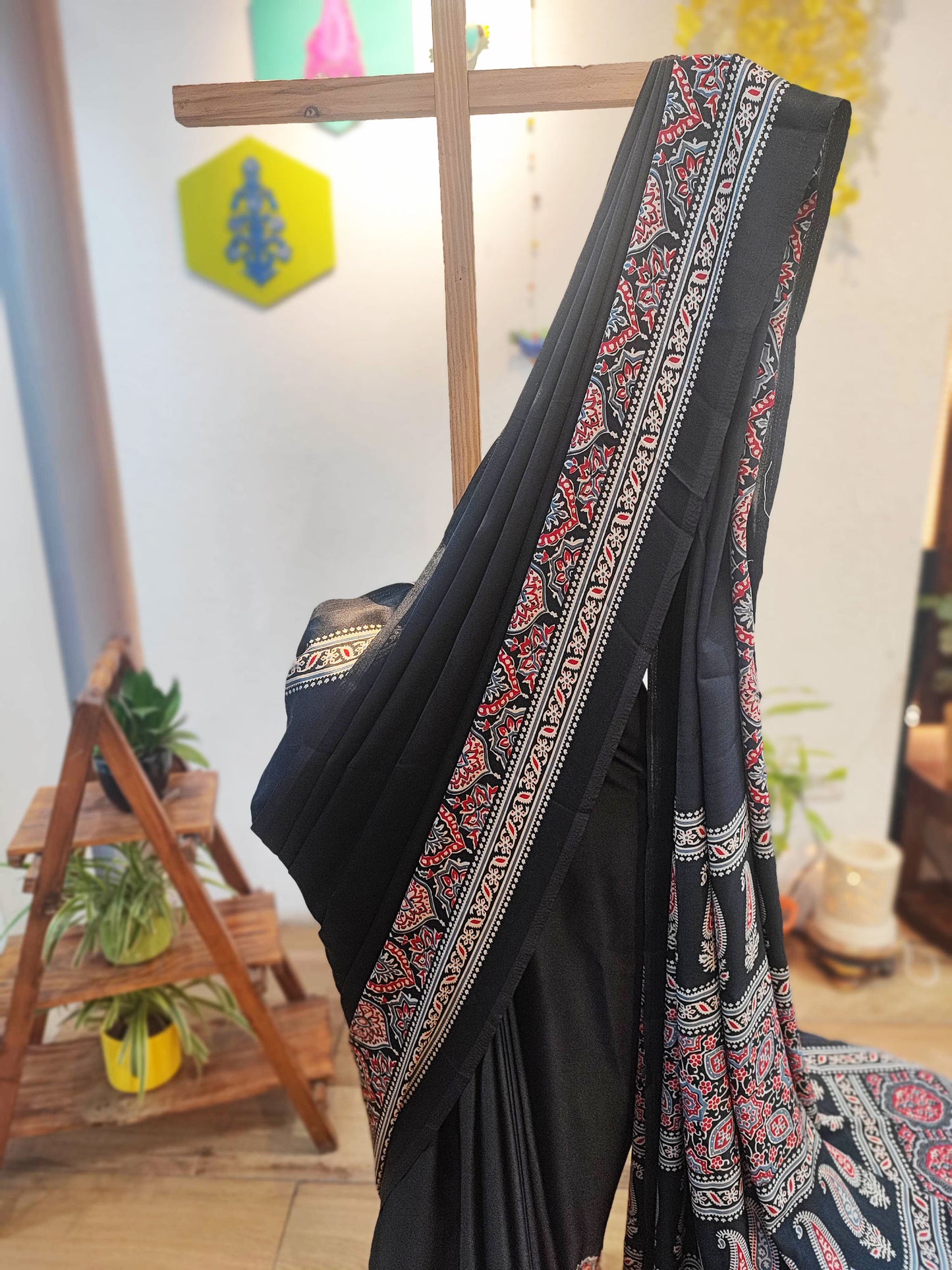 Black Handblock Printed Modal Saree with Running Blouse