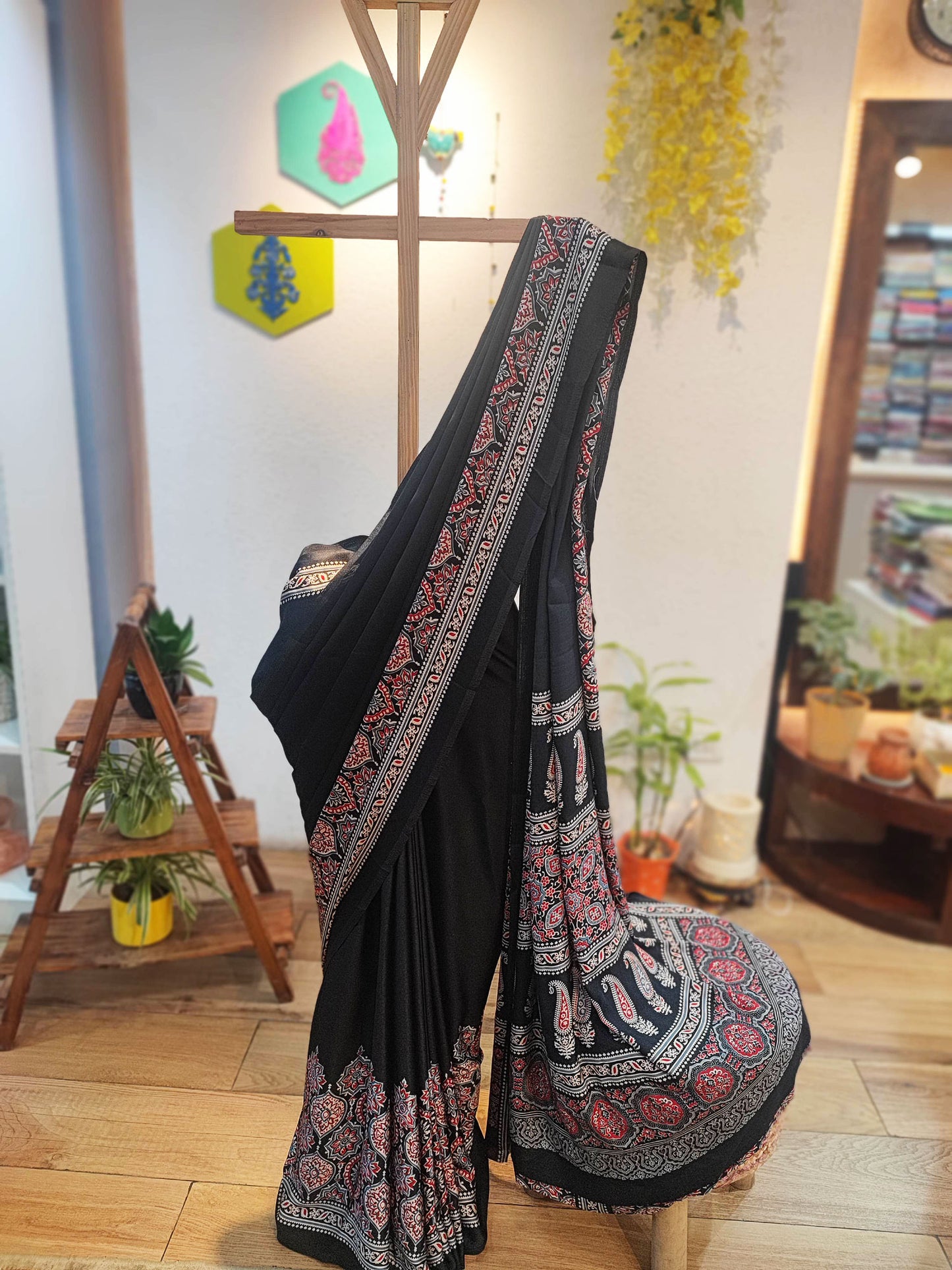 Black Handblock Printed Modal Saree with Running Blouse