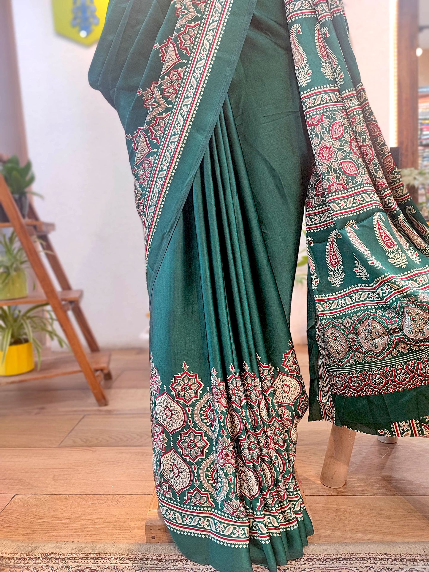 Emerald Green Handblock Printed Modal Saree with Running Blouse