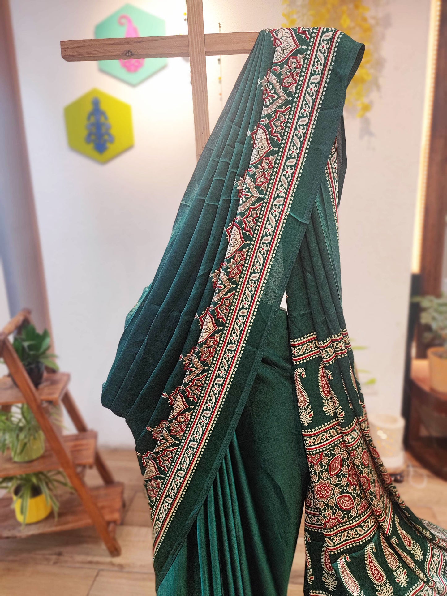 Emerald Green Handblock Printed Modal Saree with Running Blouse