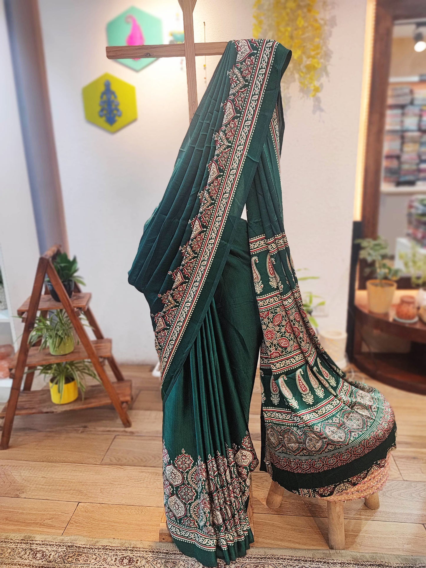 Emerald Green Handblock Printed Modal Saree with Running Blouse