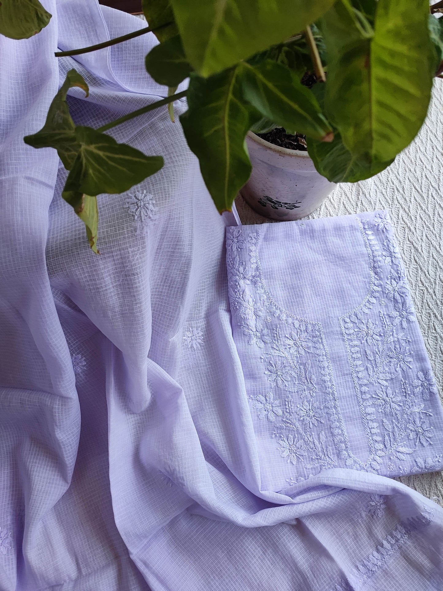 Lavender Kota Kurta Fabric & Dupatta with Lucknowi Embroidery Work