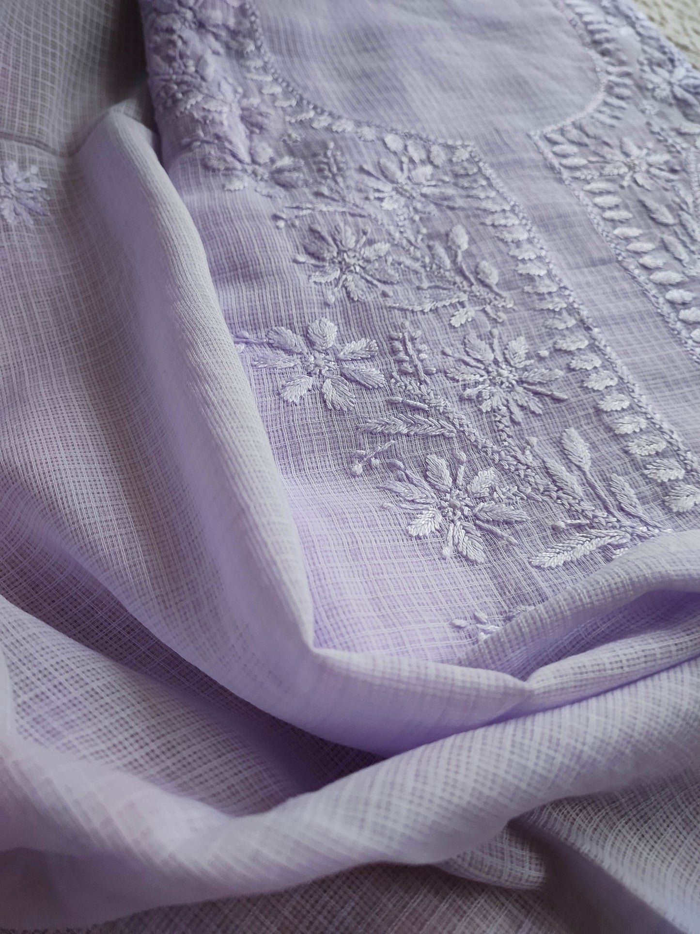 Lavender Kota Kurta Fabric & Dupatta with Lucknowi Embroidery Work