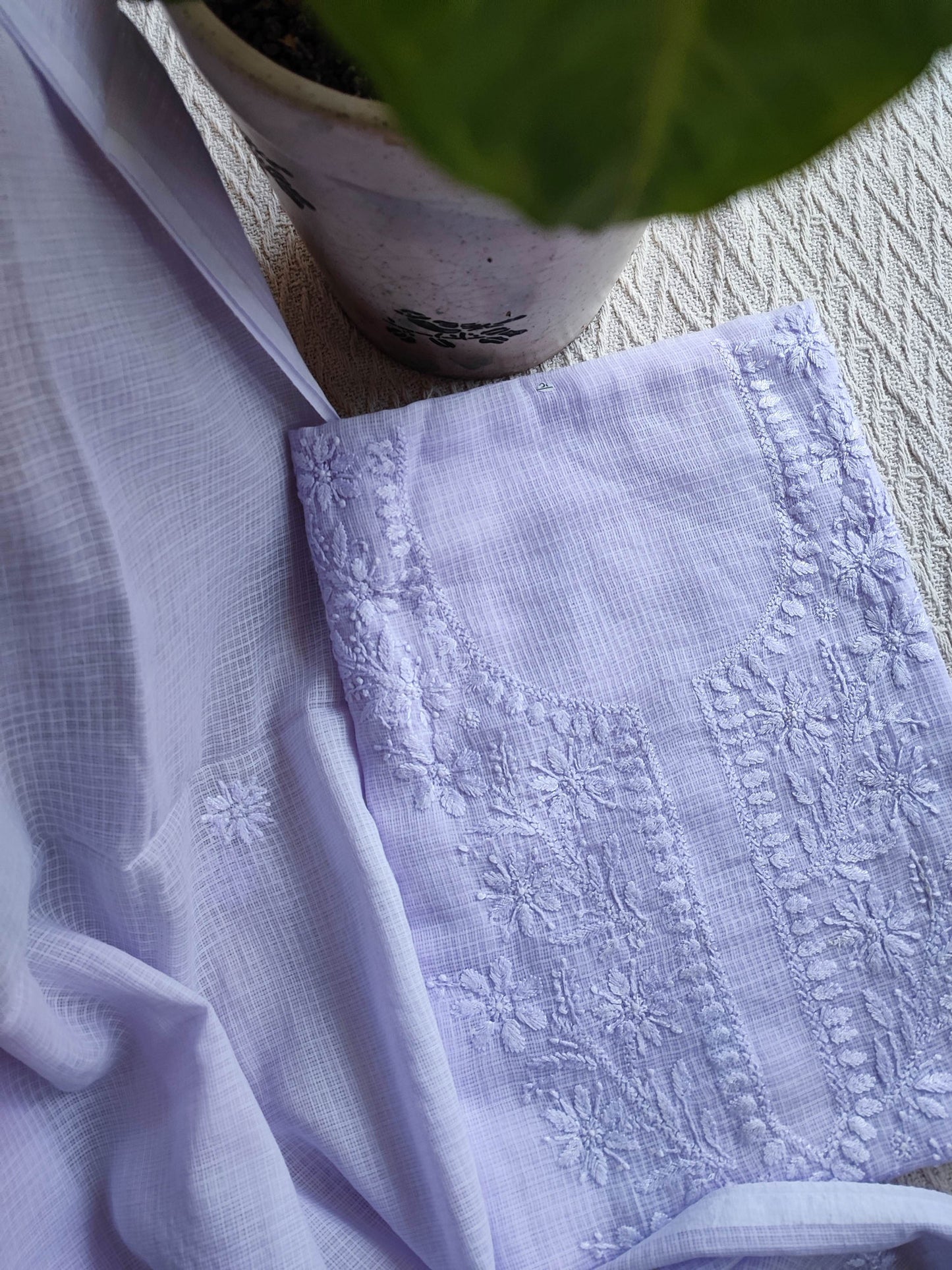 Lavender Kota Kurta Fabric & Dupatta with Lucknowi Embroidery Work