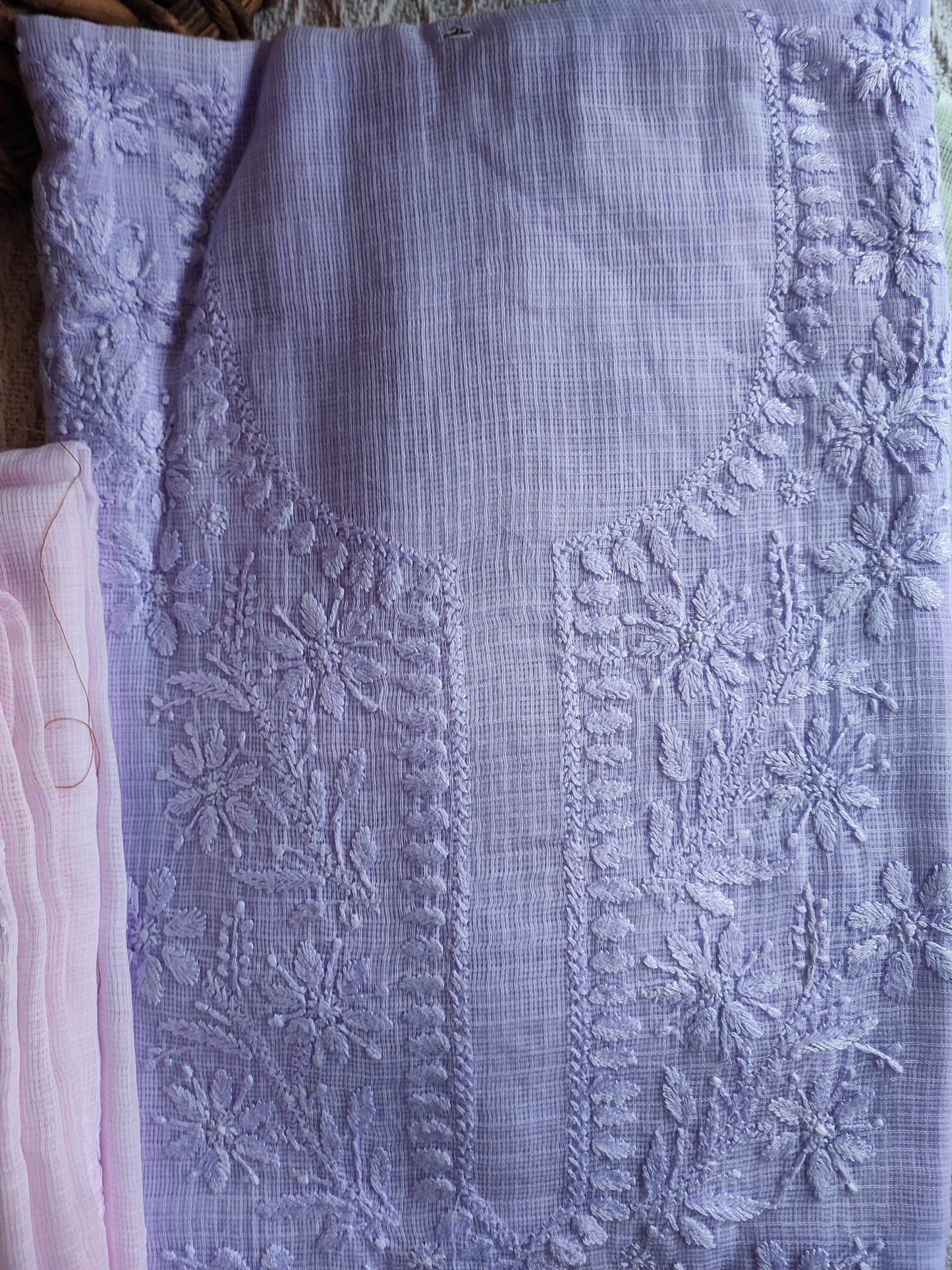 Lavender Kota Kurta Fabric & Dupatta with Lucknowi Embroidery Work