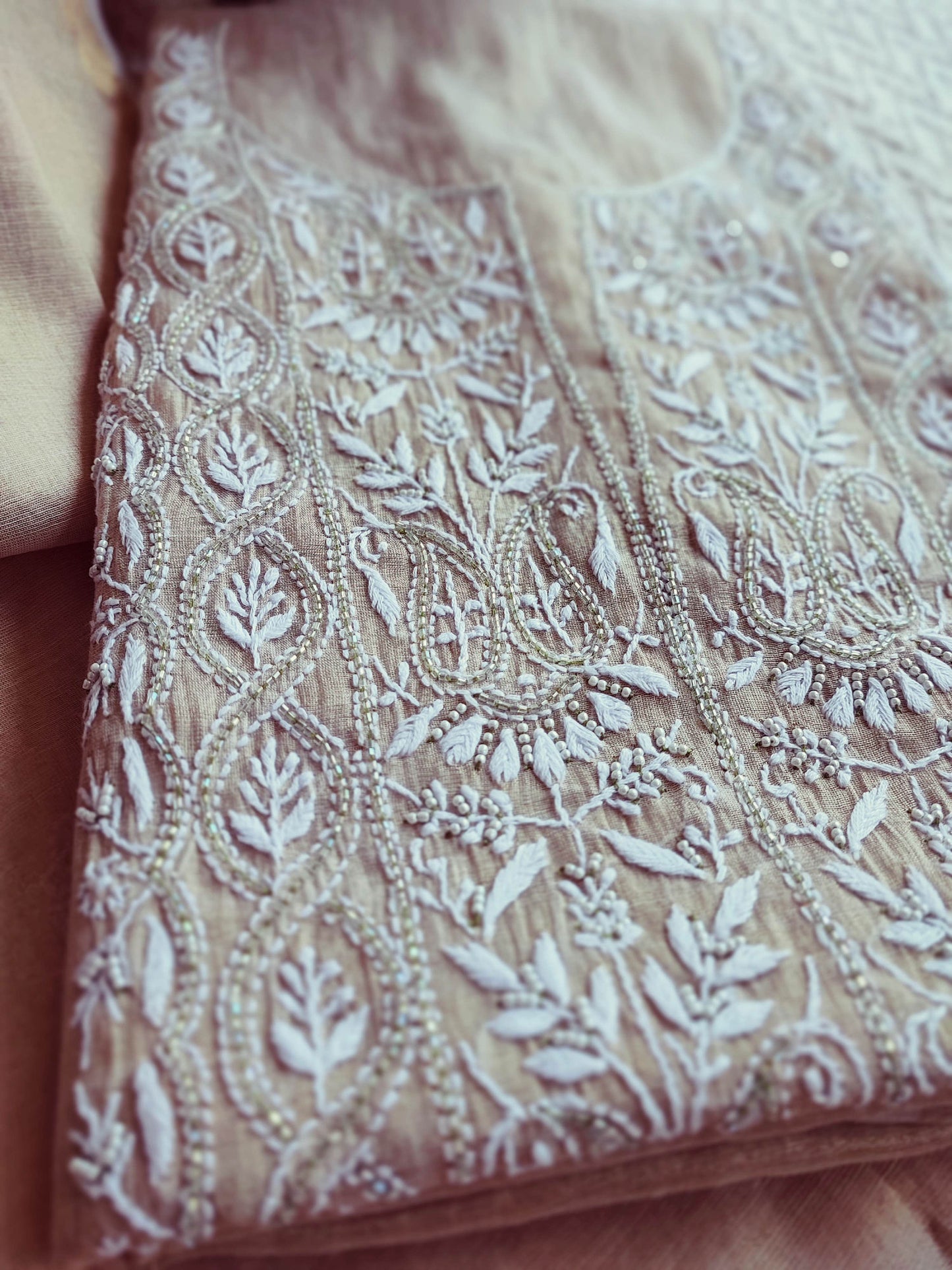 Beige Mul Tissue Kurta Fabric & Dupatta with Pearl Lucknowi Embroidery