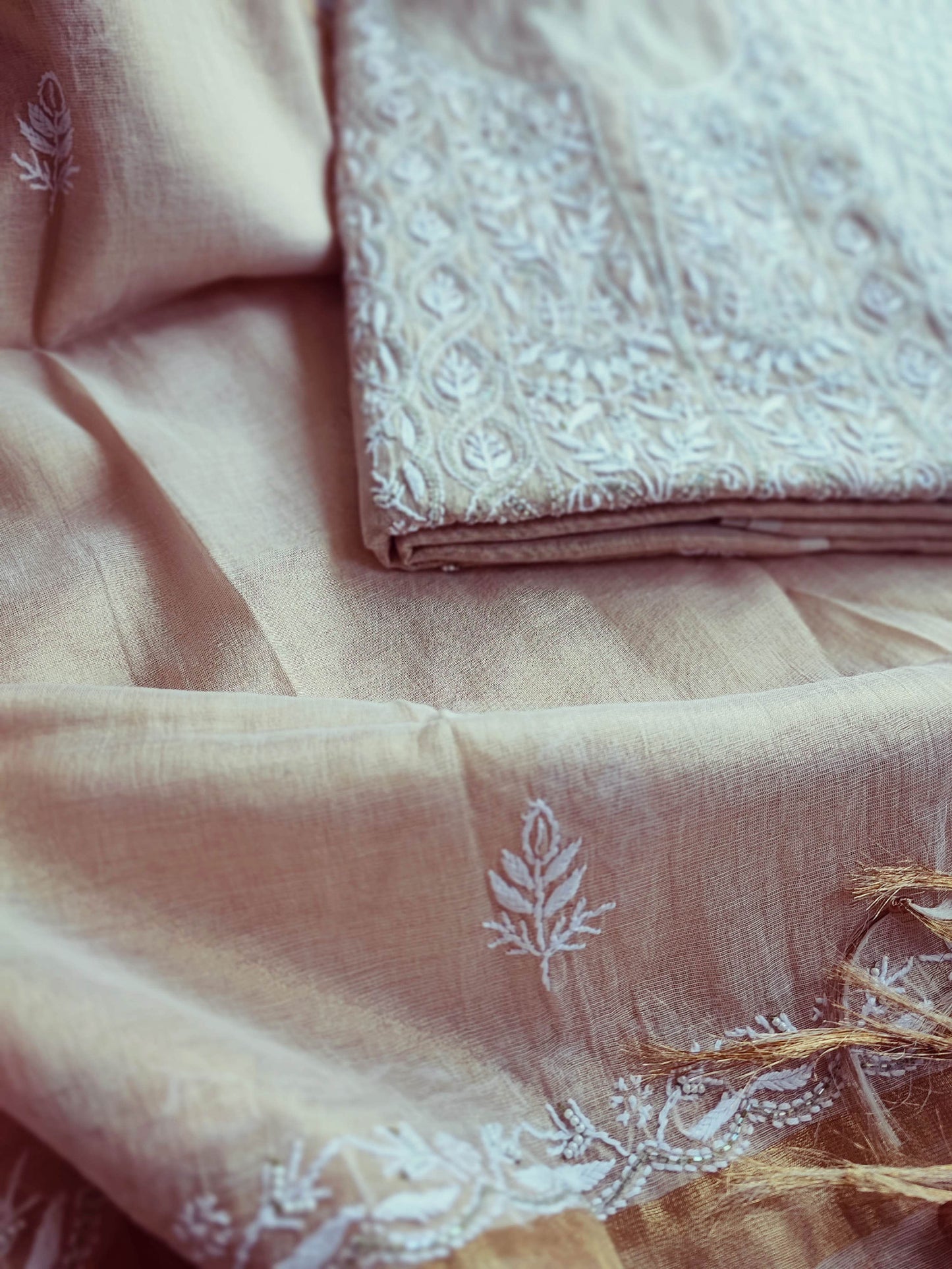 Beige Mul Tissue Kurta Fabric & Dupatta with Pearl Lucknowi Embroidery