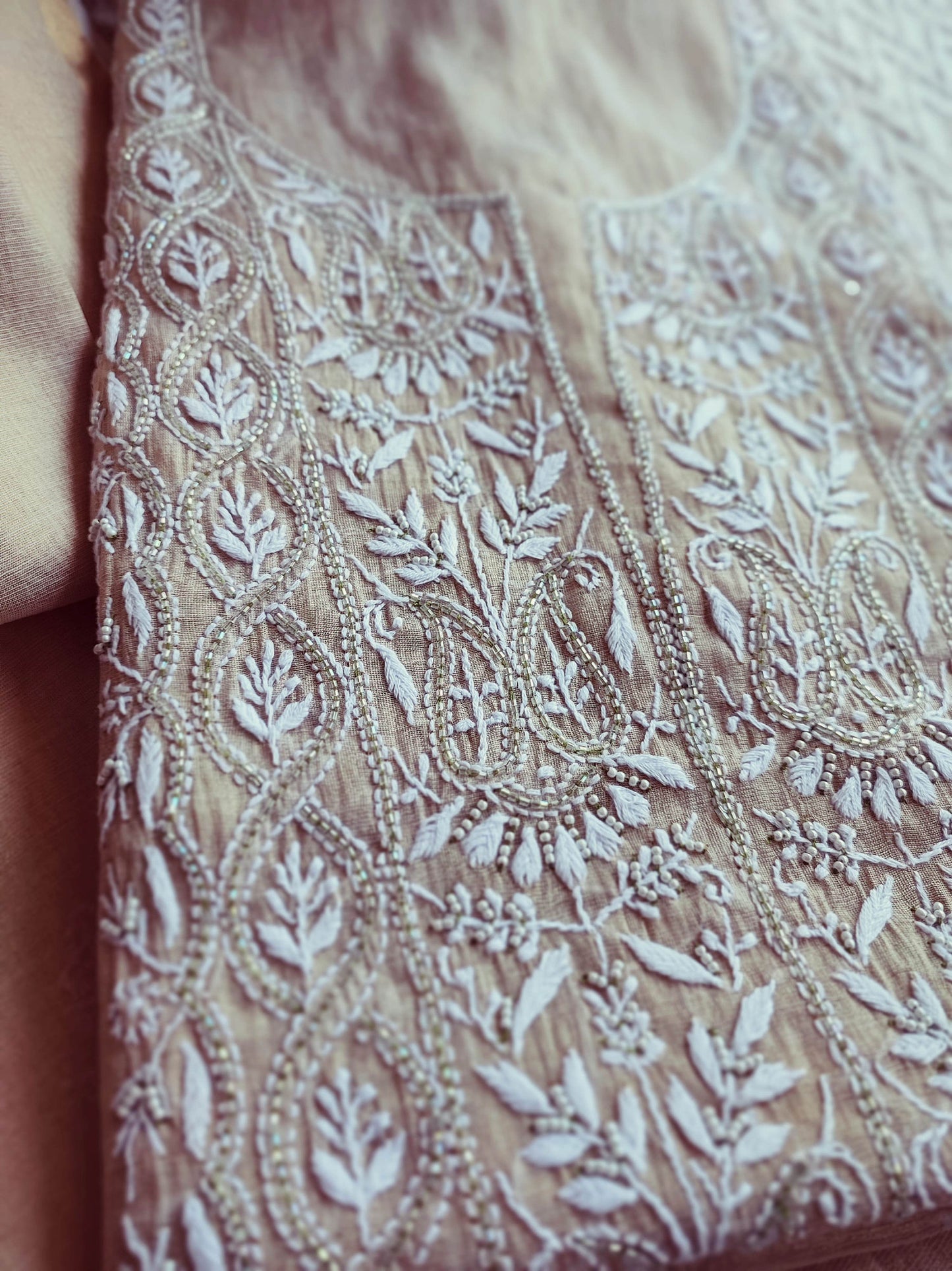 Beige Mul Tissue Kurta Fabric & Dupatta with Pearl Lucknowi Embroidery