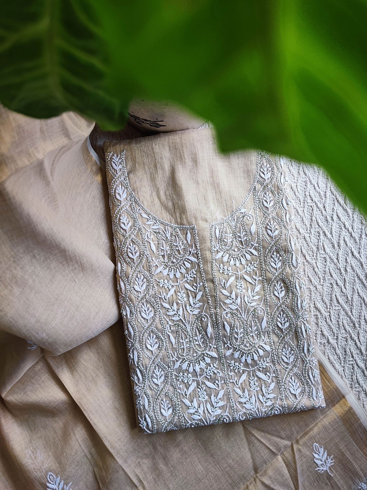 Beige Mul Tissue Kurta Fabric & Dupatta with Pearl Lucknowi Embroidery