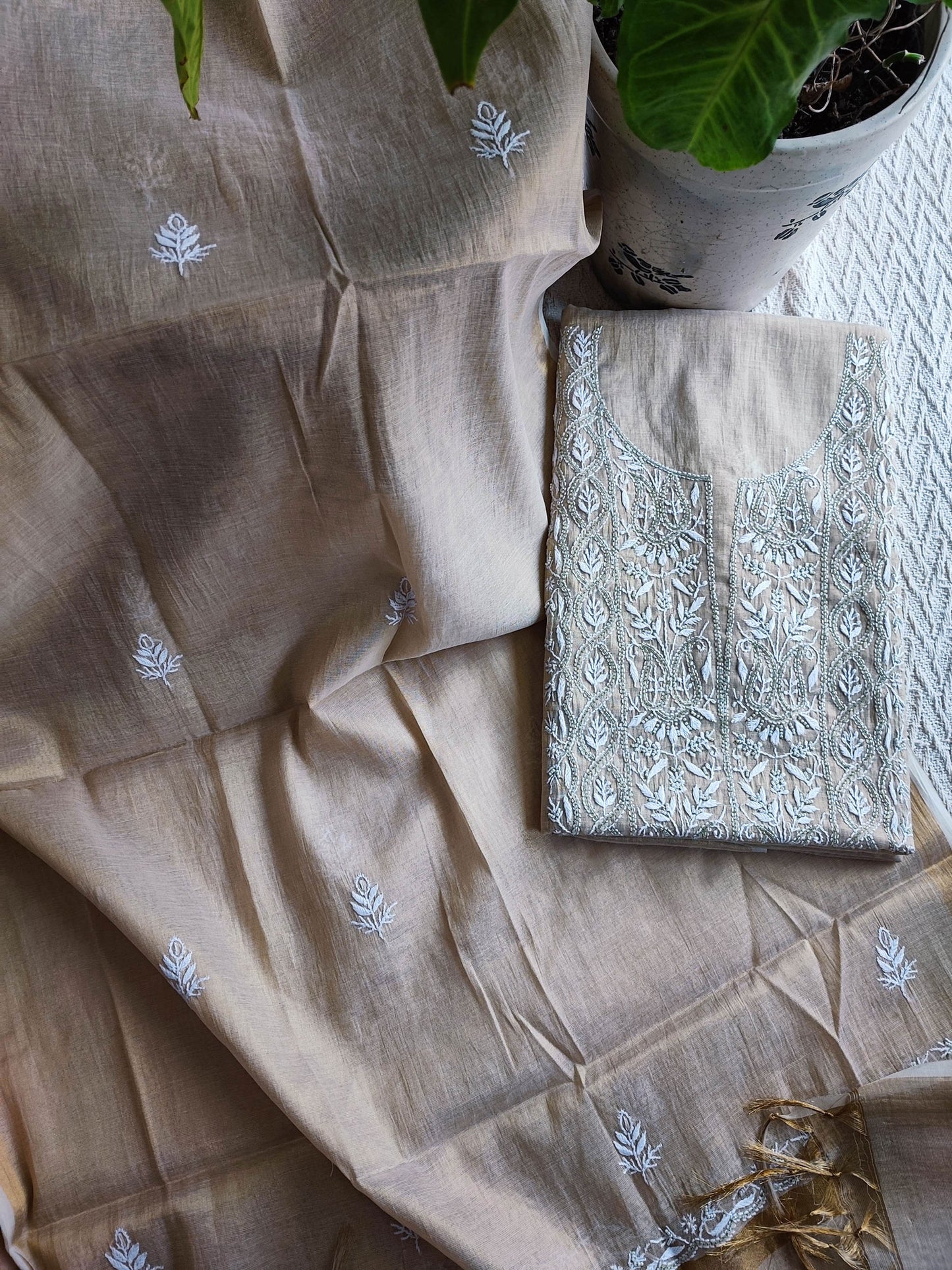 Beige Mul Tissue Kurta Fabric & Dupatta with Pearl Lucknowi Embroidery